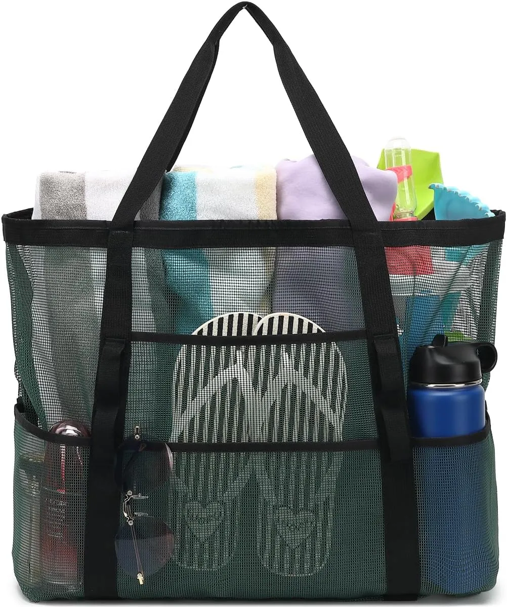 Mesh Beach Bag, Large Beach Tote with Zipper Pocket for Family Pool Bag for Toys & Vacation Essentials