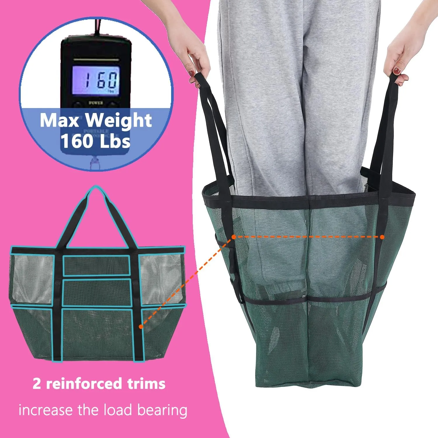 Mesh Beach Bag, Large Beach Tote with Zipper Pocket for Family Pool Bag for Toys & Vacation Essentials
