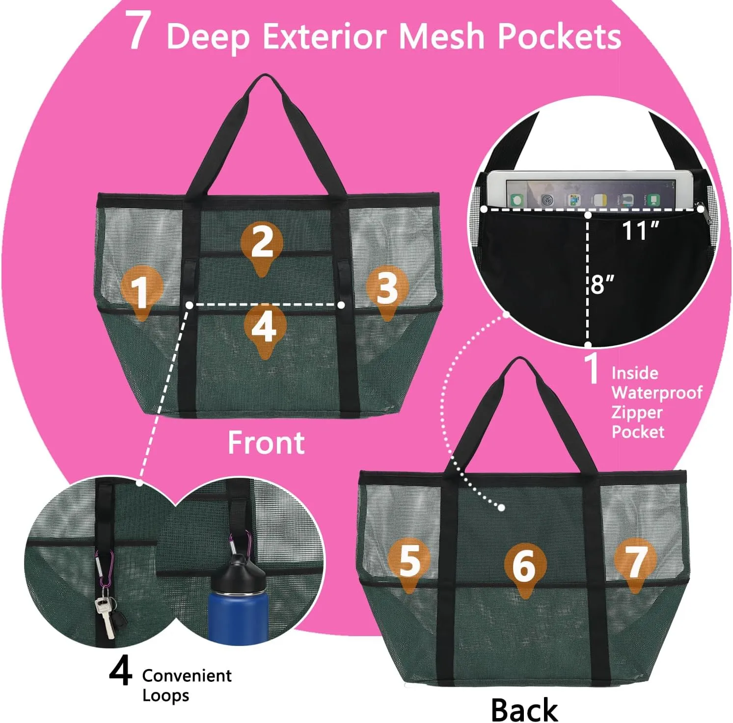 Mesh Beach Bag, Large Beach Tote with Zipper Pocket for Family Pool Bag for Toys & Vacation Essentials
