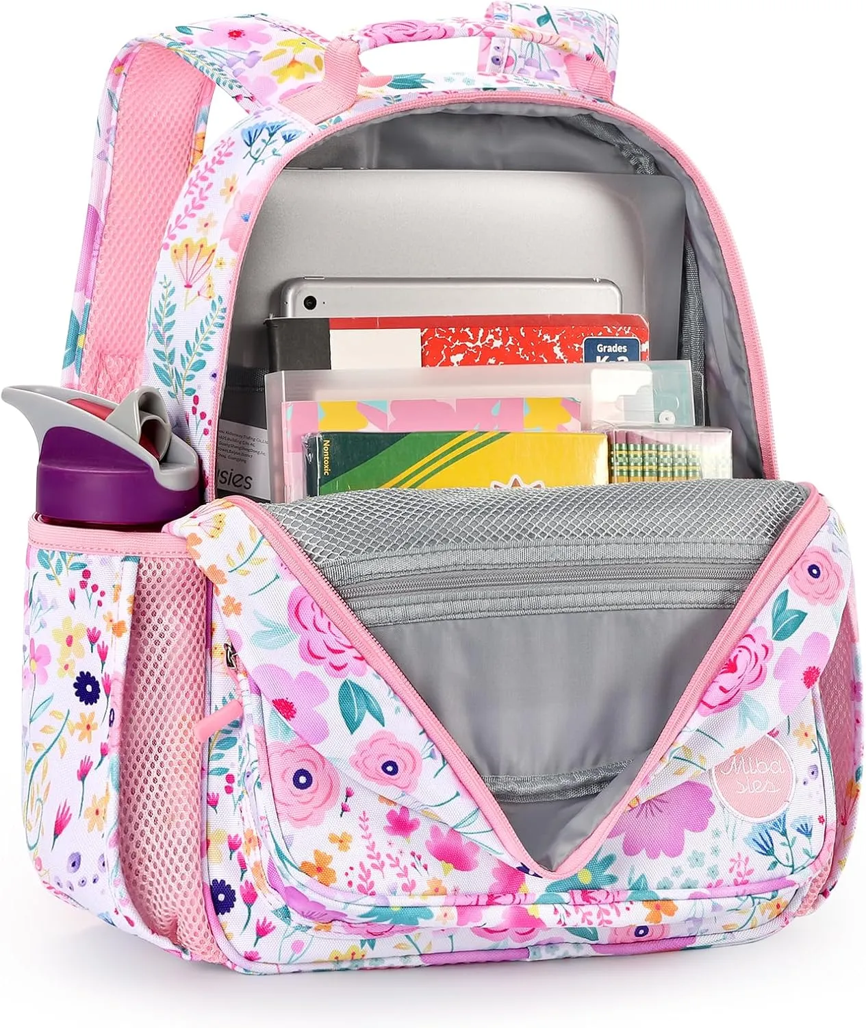 mibasies Kids Backpack for Girls: Girls Backpack 5-8 - Kindergarten Elementary School Bookbag for Girl - Flower Pink