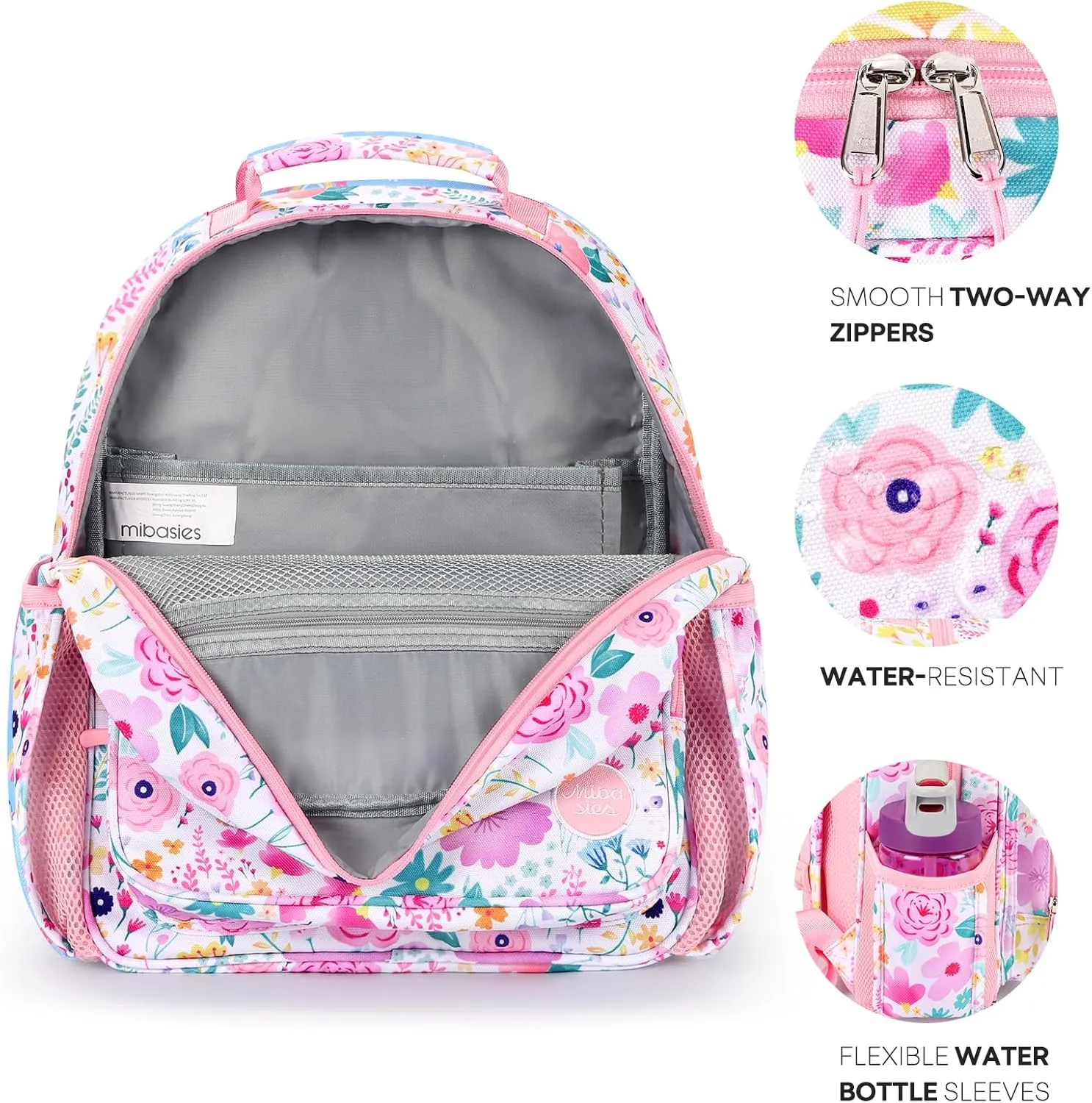 mibasies Kids Backpack for Girls: Girls Backpack 5-8 - Kindergarten Elementary School Bookbag for Girl - Flower Pink