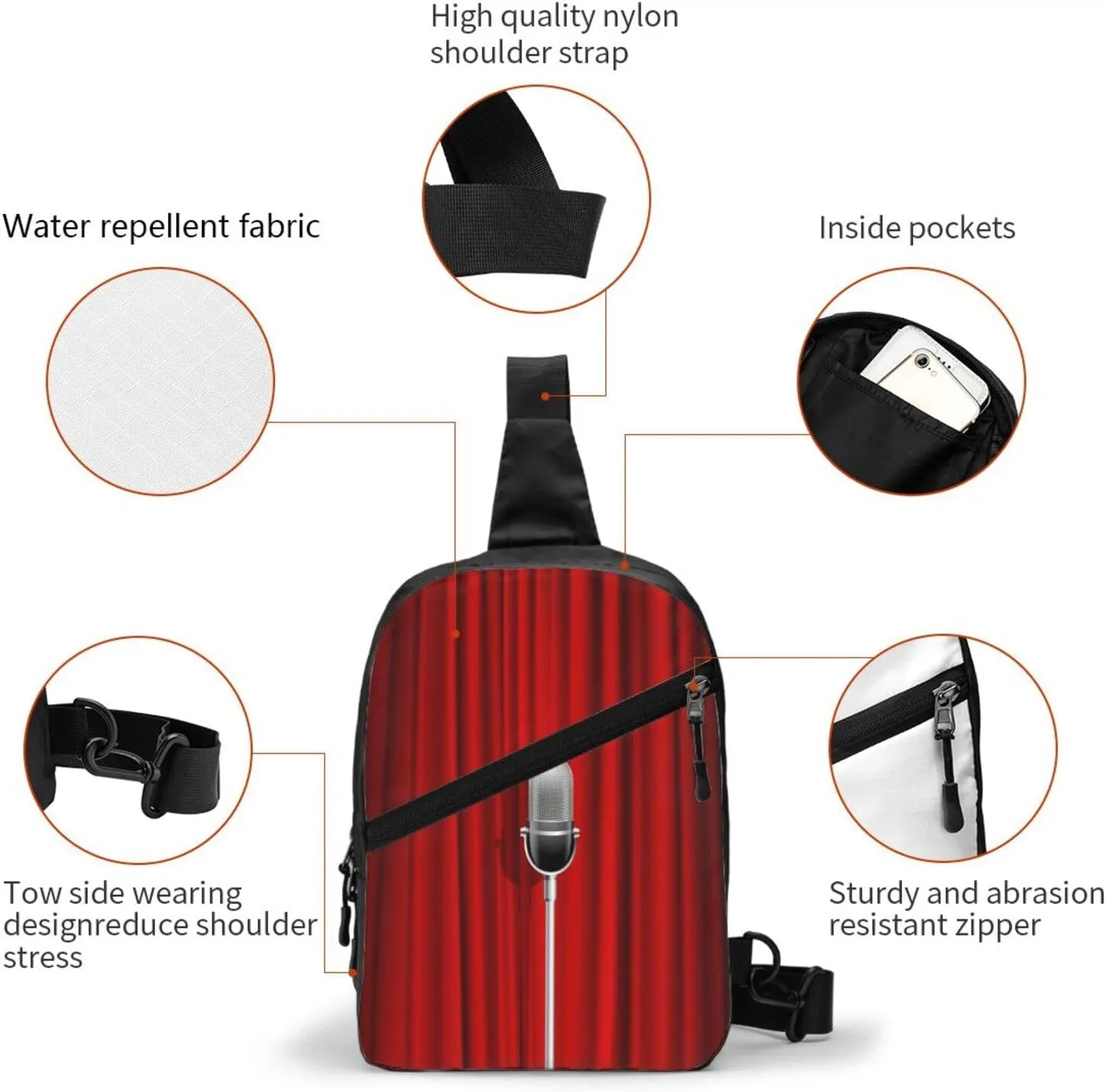 Microphone Red Curtain Stage Sling Bag for Men Women, Small Crossbody Sling Backpack Shoulder Chest Bag, Anti Theft Travel Hiking Sports