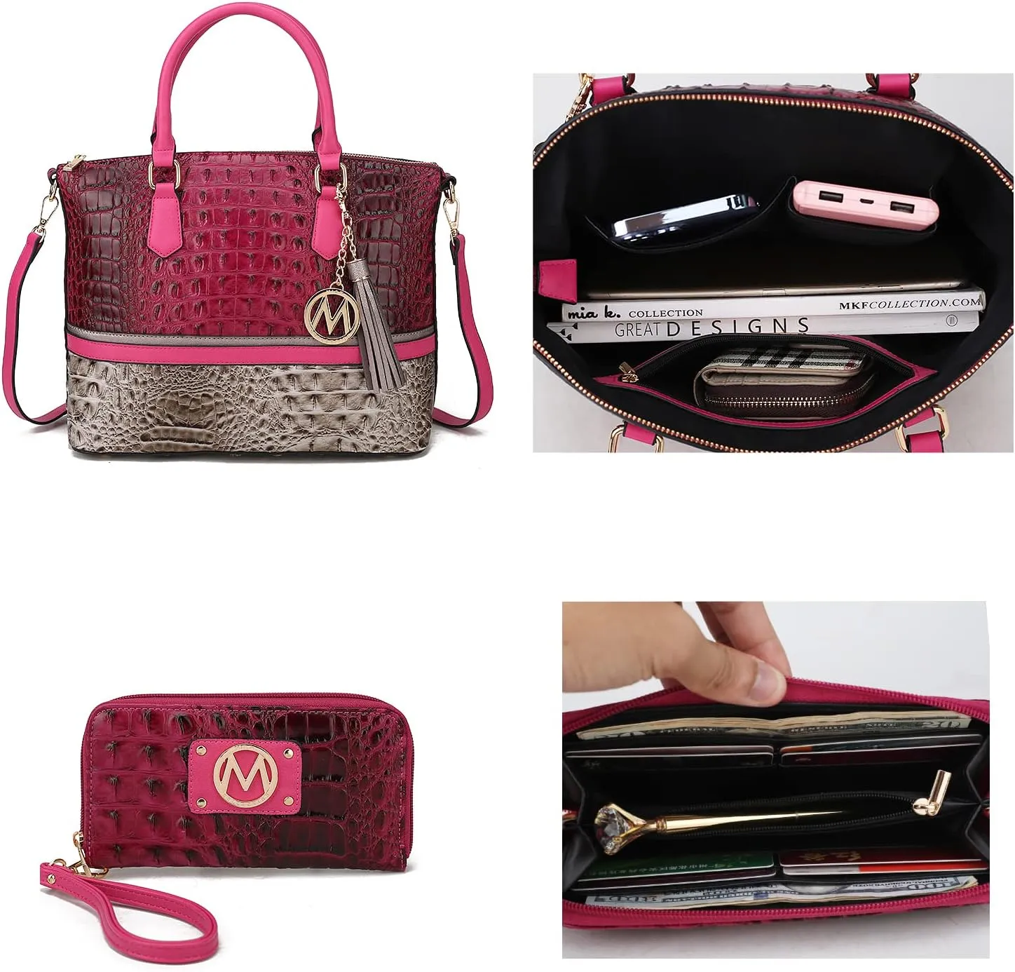 MKF Collection Tote Bag for Women & Wristlet Wallet Purse Set, Crocodile-Embossed Vegan Leather Top-Handle Handbag by Mia k