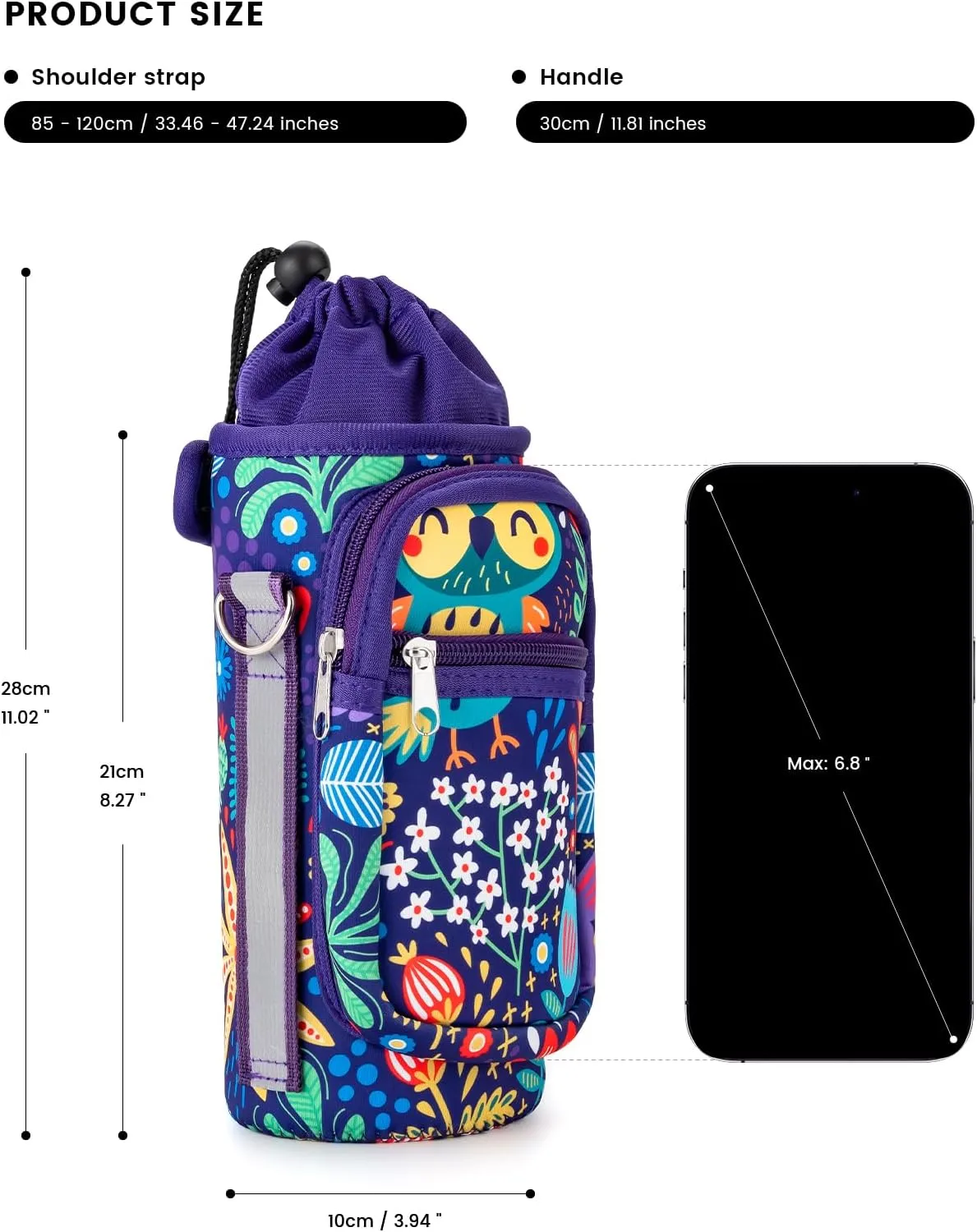 molshine Water Bottle Carrier Bag Holder with Phone Pocket Adjustable Strap for 25 32 40oz, Insulated Neoprene Cover Sleeve Sling Crossbody Bag for Walking Camping Hiking Travelling