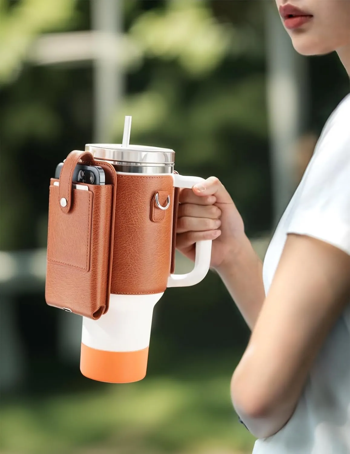 molshine Water Bottle Carrier Bag Holder with Phone Pocket Adjustable Strap for Stanley 30 40oz, Insulated PU Leather Cover Sleeve Sling Crossbody Bag for Walking Camping Hiking Travelling