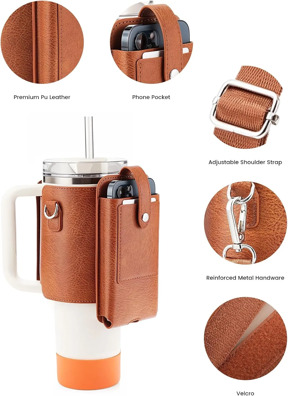 molshine Water Bottle Carrier Bag Holder with Phone Pocket Adjustable Strap for Stanley 30 40oz, Insulated PU Leather Cover Sleeve Sling Crossbody Bag for Walking Camping Hiking Travelling