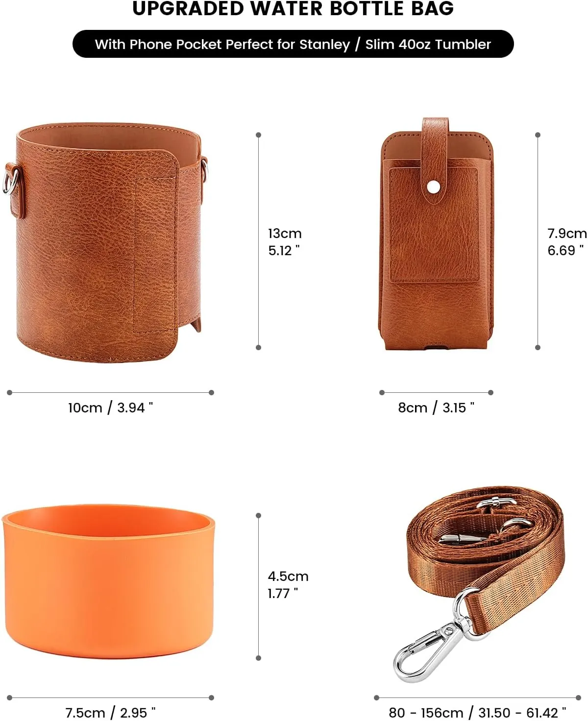 molshine Water Bottle Carrier Bag Holder with Phone Pocket Adjustable Strap for Stanley 30 40oz, Insulated PU Leather Cover Sleeve Sling Crossbody Bag for Walking Camping Hiking Travelling