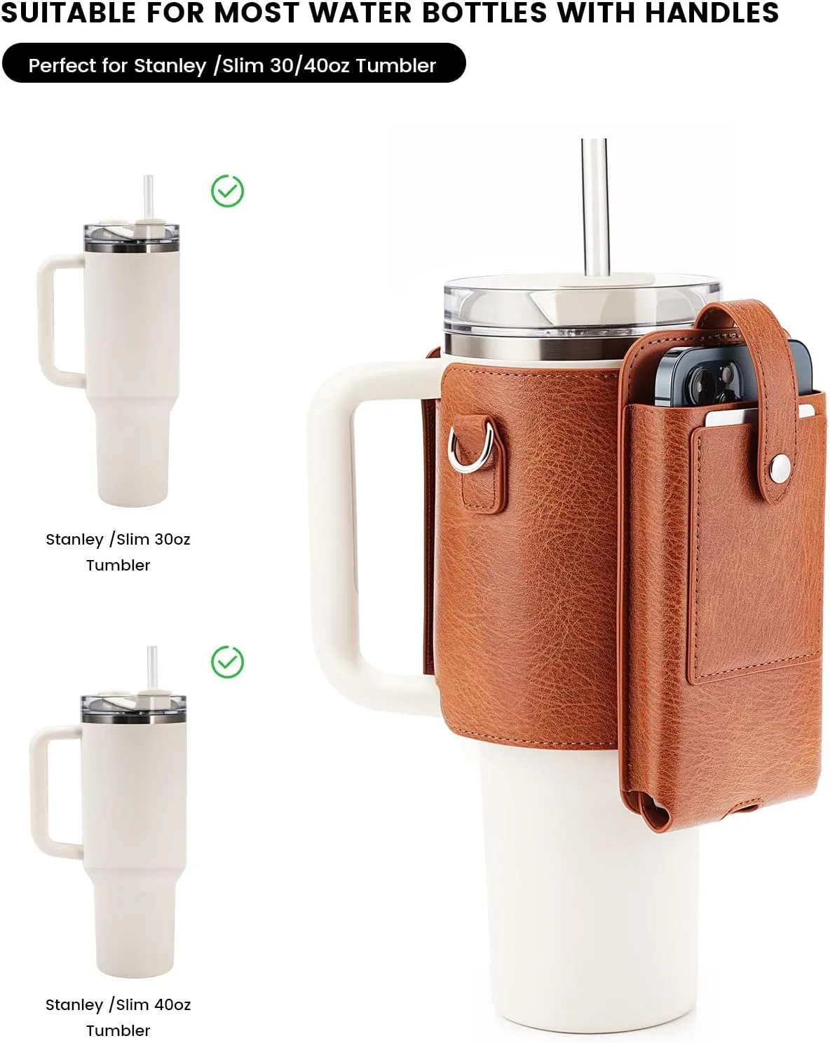 molshine Water Bottle Carrier Bag Holder with Phone Pocket Adjustable Strap for Stanley 30 40oz, Insulated PU Leather Cover Sleeve Sling Crossbody Bag for Walking Camping Hiking Travelling