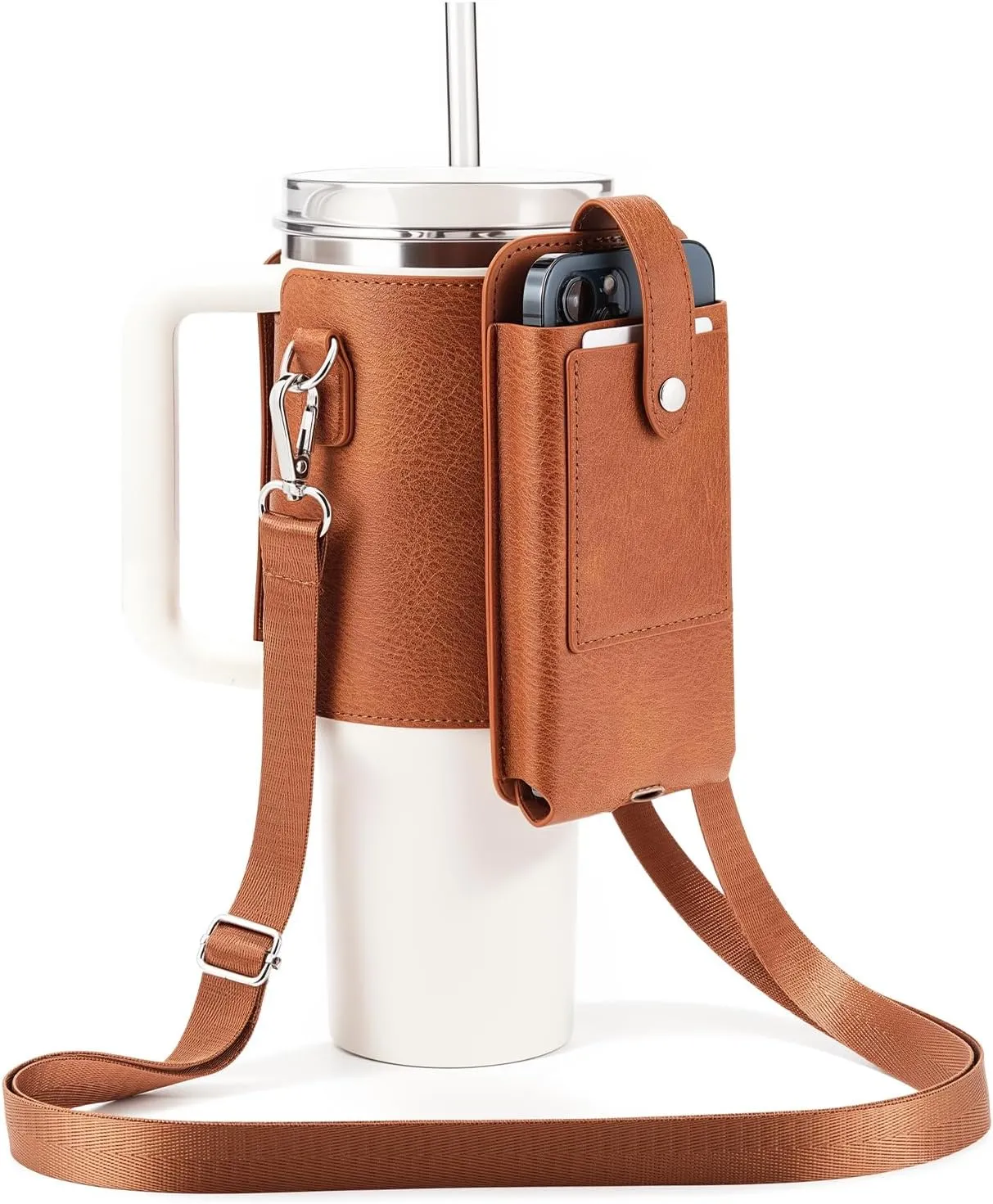 molshine Water Bottle Carrier Bag Holder with Phone Pocket Adjustable Strap for Stanley 30 40oz, Insulated PU Leather Cover Sleeve Sling Crossbody Bag for Walking Camping Hiking Travelling