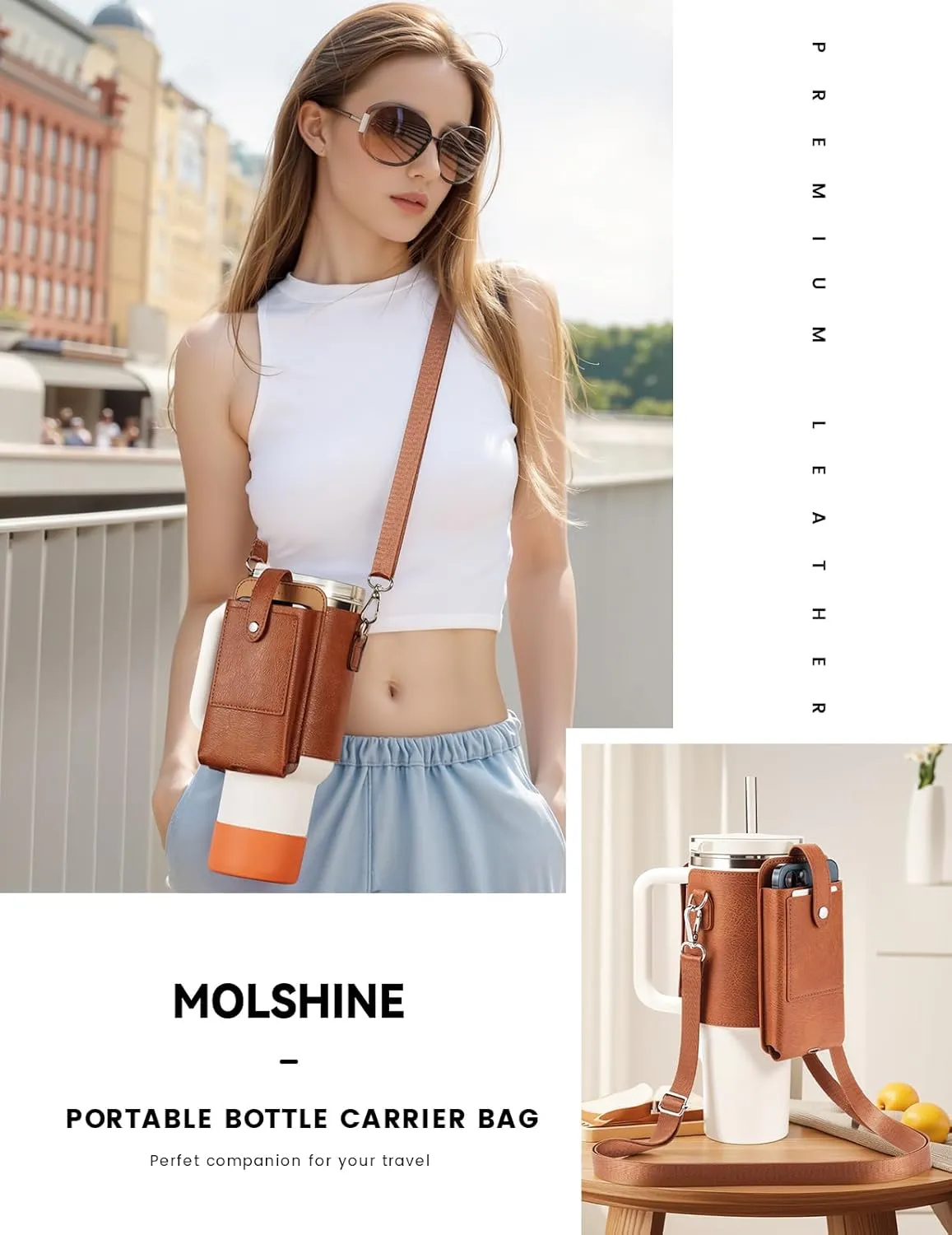 molshine Water Bottle Carrier Bag Holder with Phone Pocket Adjustable Strap for Stanley 30 40oz, Insulated PU Leather Cover Sleeve Sling Crossbody Bag for Walking Camping Hiking Travelling