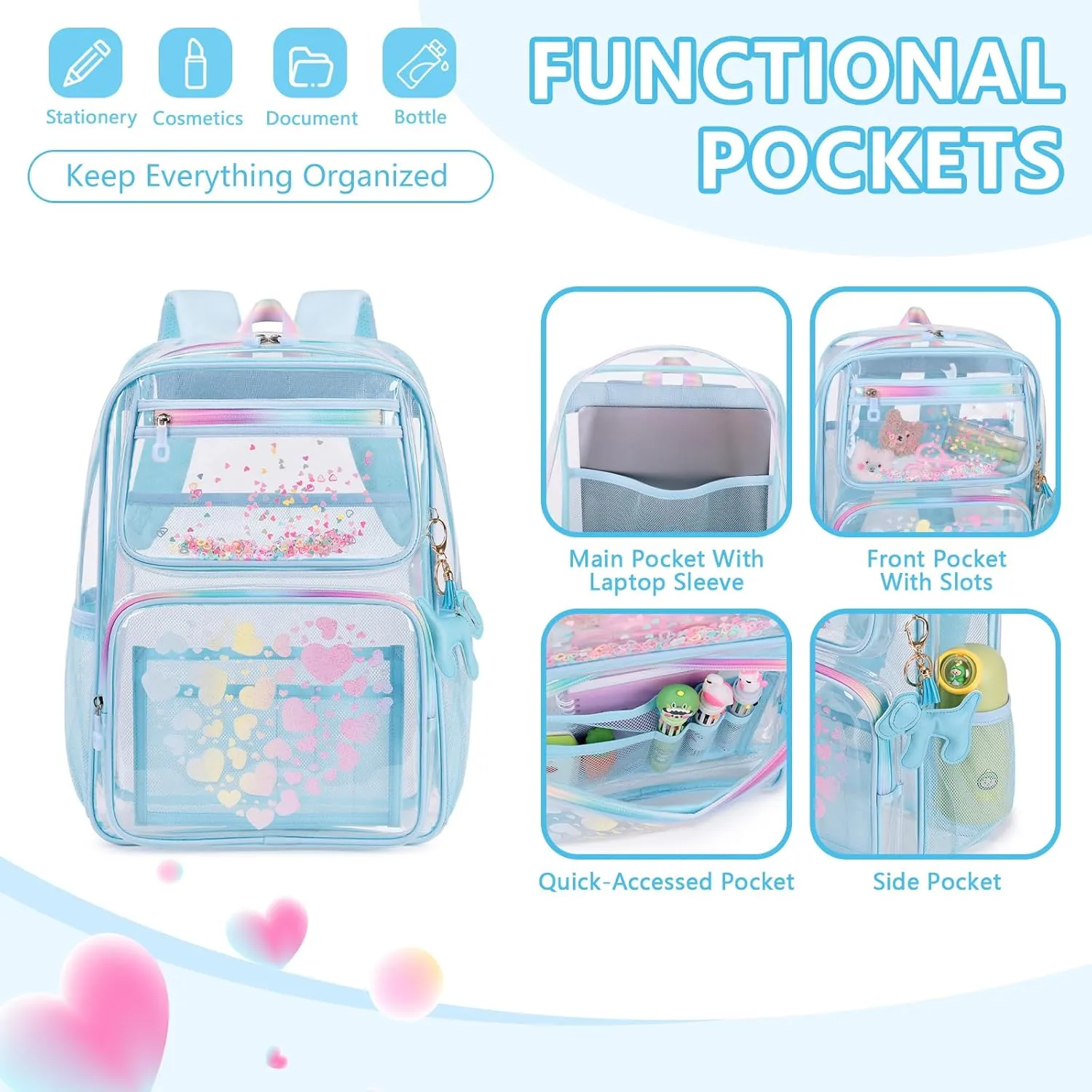 MOONBABY Clear Backpack for School Girls, Heavy Duty TPU Transparent Backpack Stadium Events Approved, Clear Bookbag