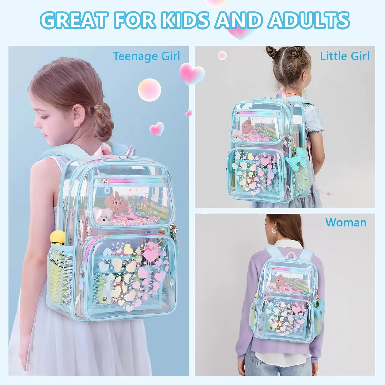 MOONBABY Clear Backpack for School Girls, Heavy Duty TPU Transparent Backpack Stadium Events Approved, Clear Bookbag