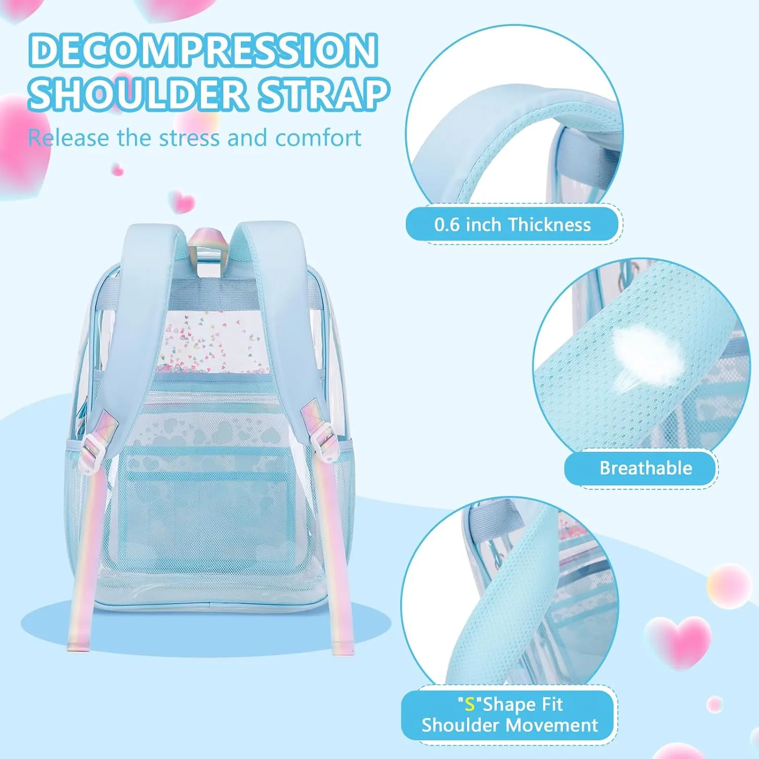 MOONBABY Clear Backpack for School Girls, Heavy Duty TPU Transparent Backpack Stadium Events Approved, Clear Bookbag