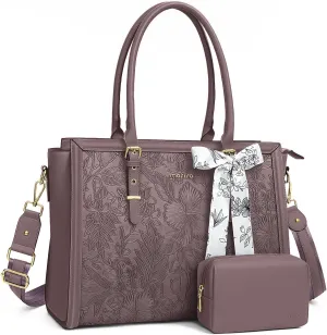 mosiso Laptop Bag for Women 15.6-16 inch PU Leathe Tote Bag Compatible MacBook HP Dell Asus Notebook Front Embossed Retro Hibiscus Computer Bag Silk Scarf&Clutch Purse Slate Purple