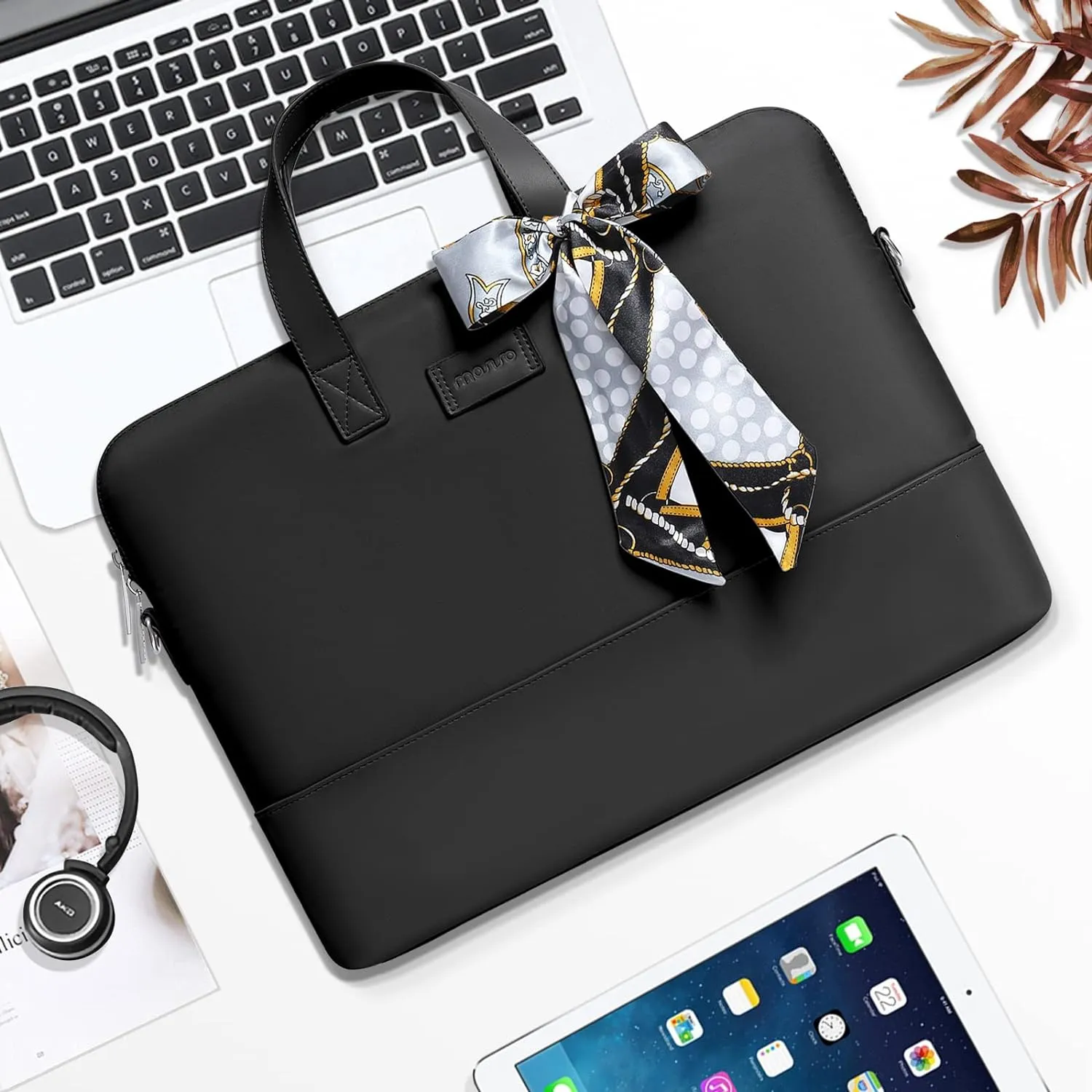 MOSISO Laptop Bag for Women, 15.6 inch Computer Bag Compatible with MacBook Pro 16 inch, HP, Dell, Lenovo, Asus, Razer Notebook, Laptop Shoulder Briefcase with Strap and Silk Scarf, Black