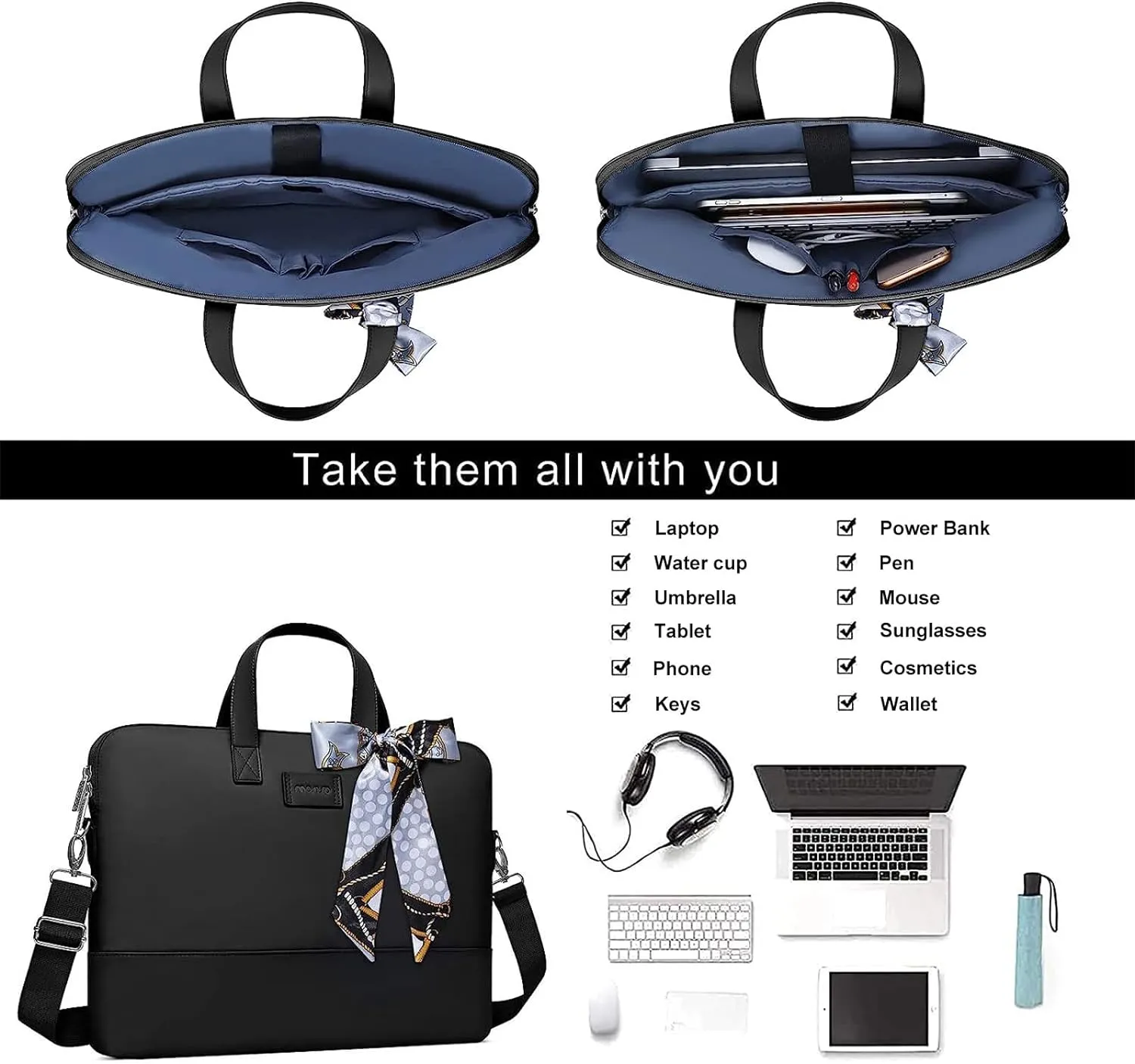 MOSISO Laptop Bag for Women, 15.6 inch Computer Bag Compatible with MacBook Pro 16 inch, HP, Dell, Lenovo, Asus, Razer Notebook, Laptop Shoulder Briefcase with Strap and Silk Scarf, Black