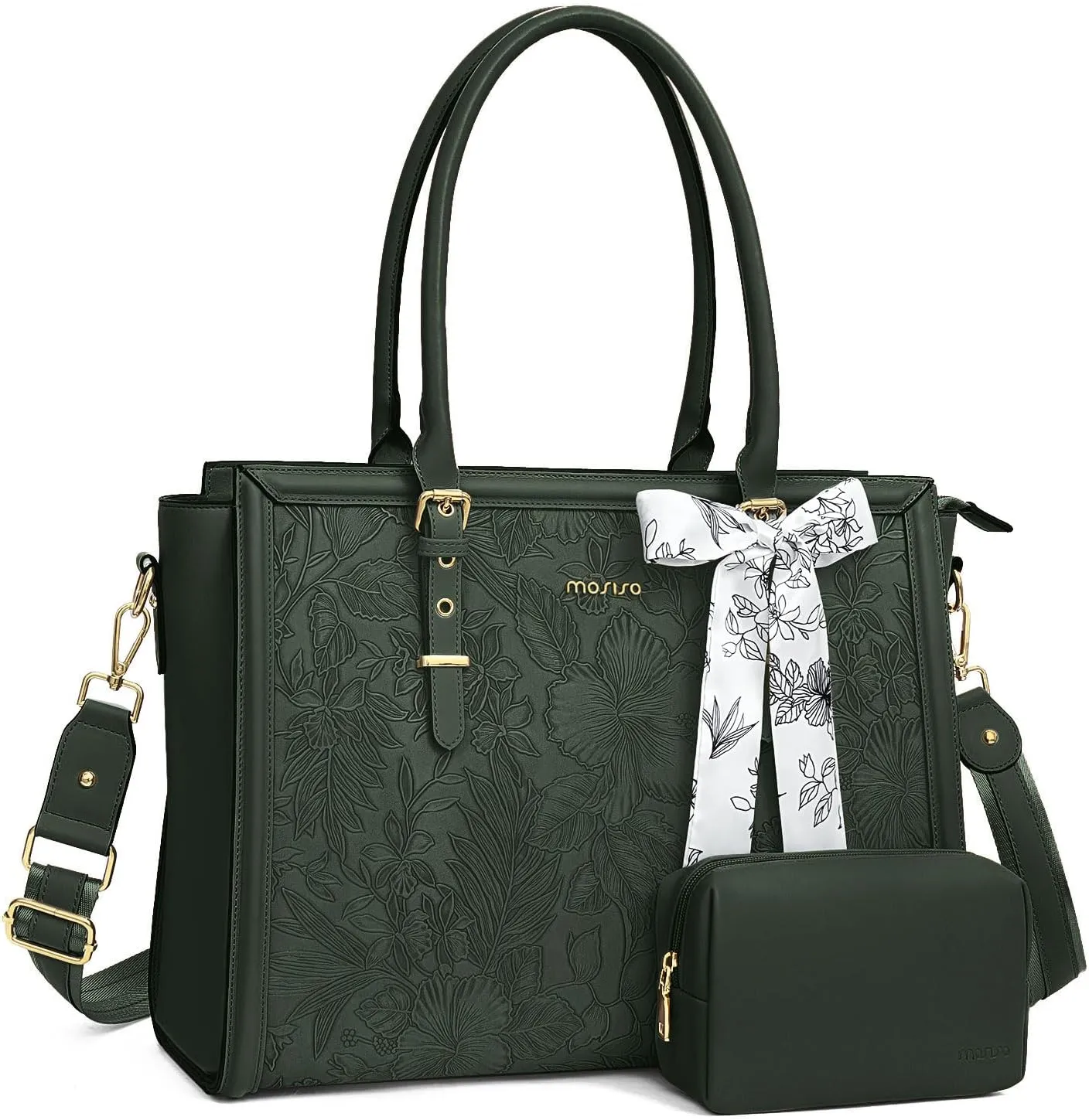 MOSISO Laptop Tote Bag for Women, 15.6-16 inch PU Leather Compatible with MacBook, HP, Dell, Asus Notebook, Front Embossed Retro Hibiscus Computer Bag with Silk Scarf & Clutch Purse, Emerald Green