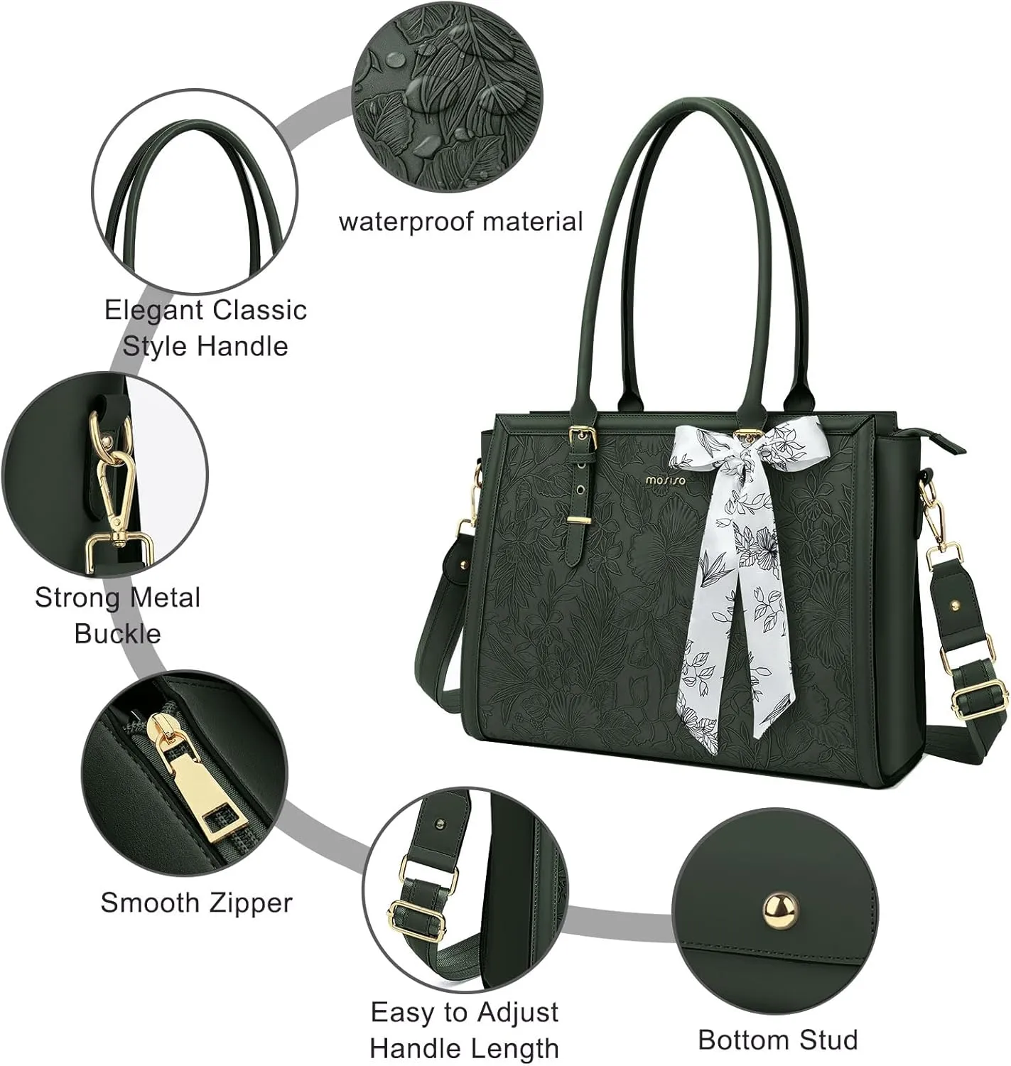 MOSISO Laptop Tote Bag for Women, 15.6-16 inch PU Leather Compatible with MacBook, HP, Dell, Asus Notebook, Front Embossed Retro Hibiscus Computer Bag with Silk Scarf & Clutch Purse, Emerald Green