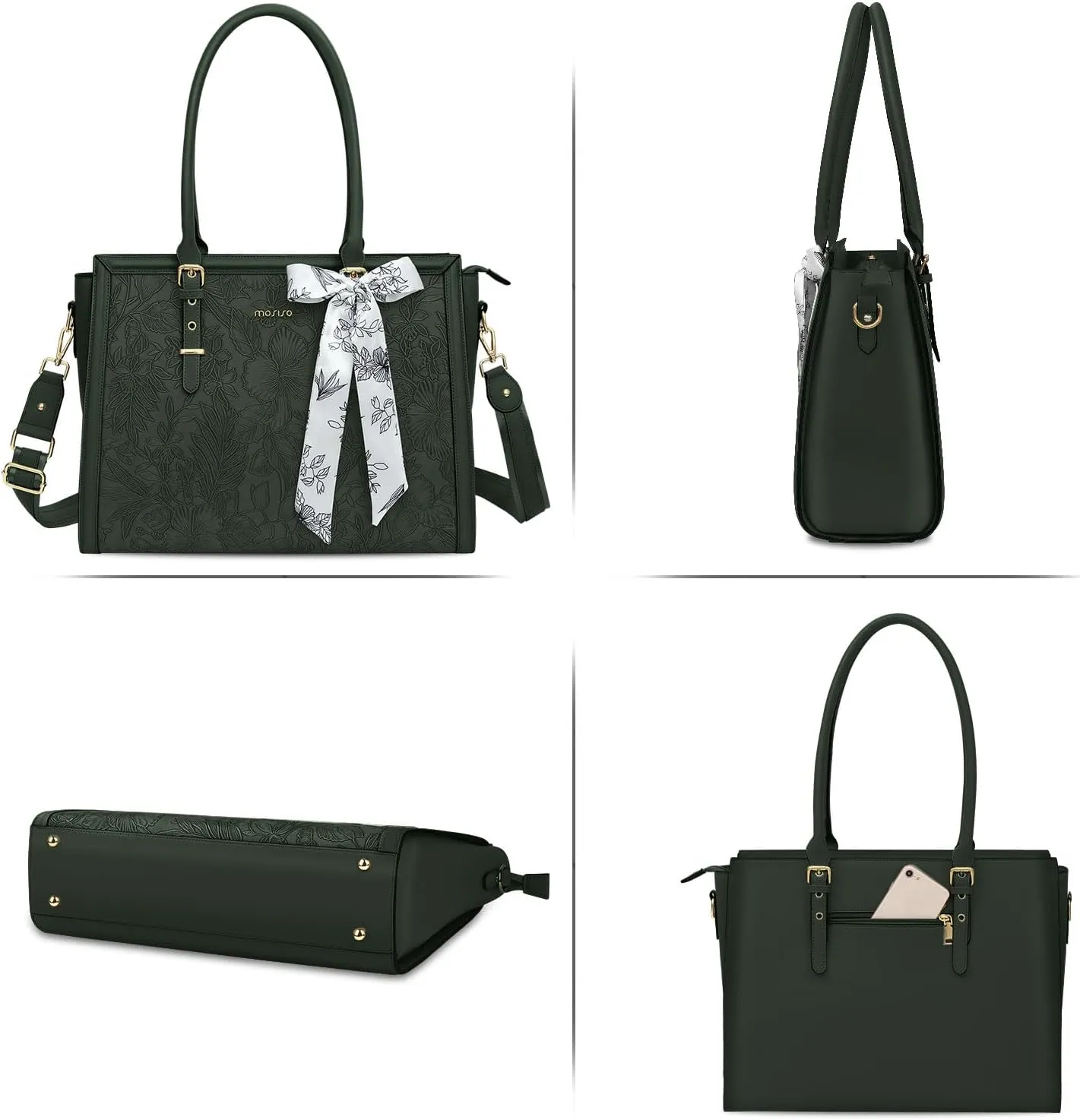 MOSISO Laptop Tote Bag for Women, 15.6-16 inch PU Leather Compatible with MacBook, HP, Dell, Asus Notebook, Front Embossed Retro Hibiscus Computer Bag with Silk Scarf & Clutch Purse, Emerald Green