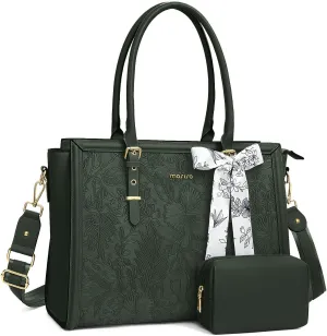 MOSISO Laptop Tote Bag for Women, 15.6-16 inch PU Leather Compatible with MacBook, HP, Dell, Asus Notebook, Front Embossed Retro Hibiscus Computer Bag with Silk Scarf & Clutch Purse, Emerald Green