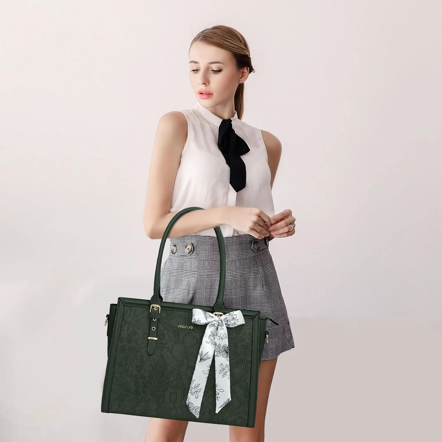 MOSISO Laptop Tote Bag for Women, 15.6-16 inch PU Leather Compatible with MacBook, HP, Dell, Asus Notebook, Front Embossed Retro Hibiscus Computer Bag with Silk Scarf & Clutch Purse, Emerald Green