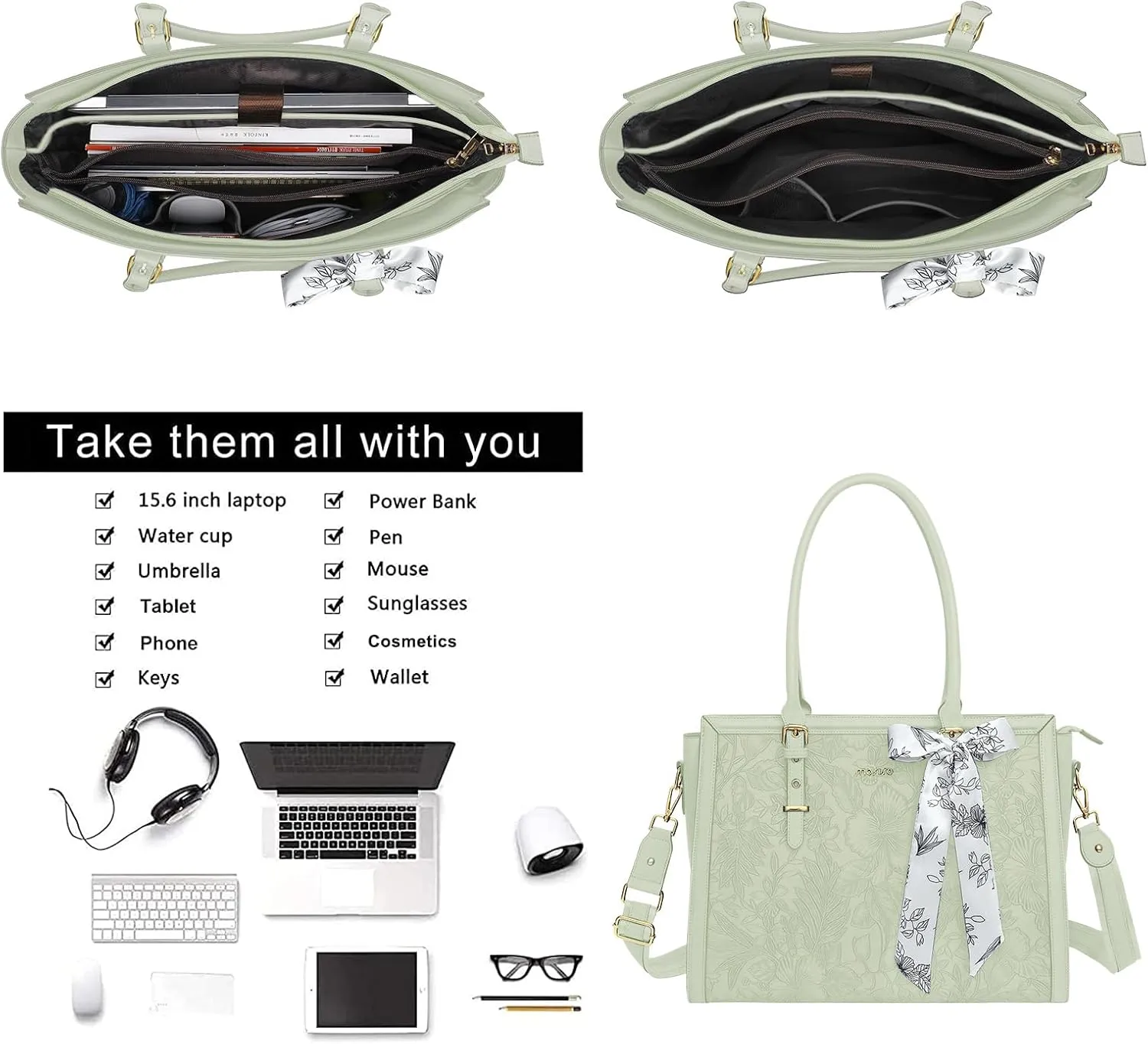MOSISO Laptop Tote Bag for Women, 15.6-16 inch PU Leather Compatible with MacBook, HP, Dell, Asus Notebook, Front Embossed Retro Hibiscus Computer Bag with Silk Scarf & Clutch Purse, Sage Green