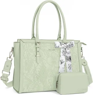 MOSISO Laptop Tote Bag for Women, 15.6-16 inch PU Leather Compatible with MacBook, HP, Dell, Asus Notebook, Front Embossed Retro Hibiscus Computer Bag with Silk Scarf & Clutch Purse, Sage Green