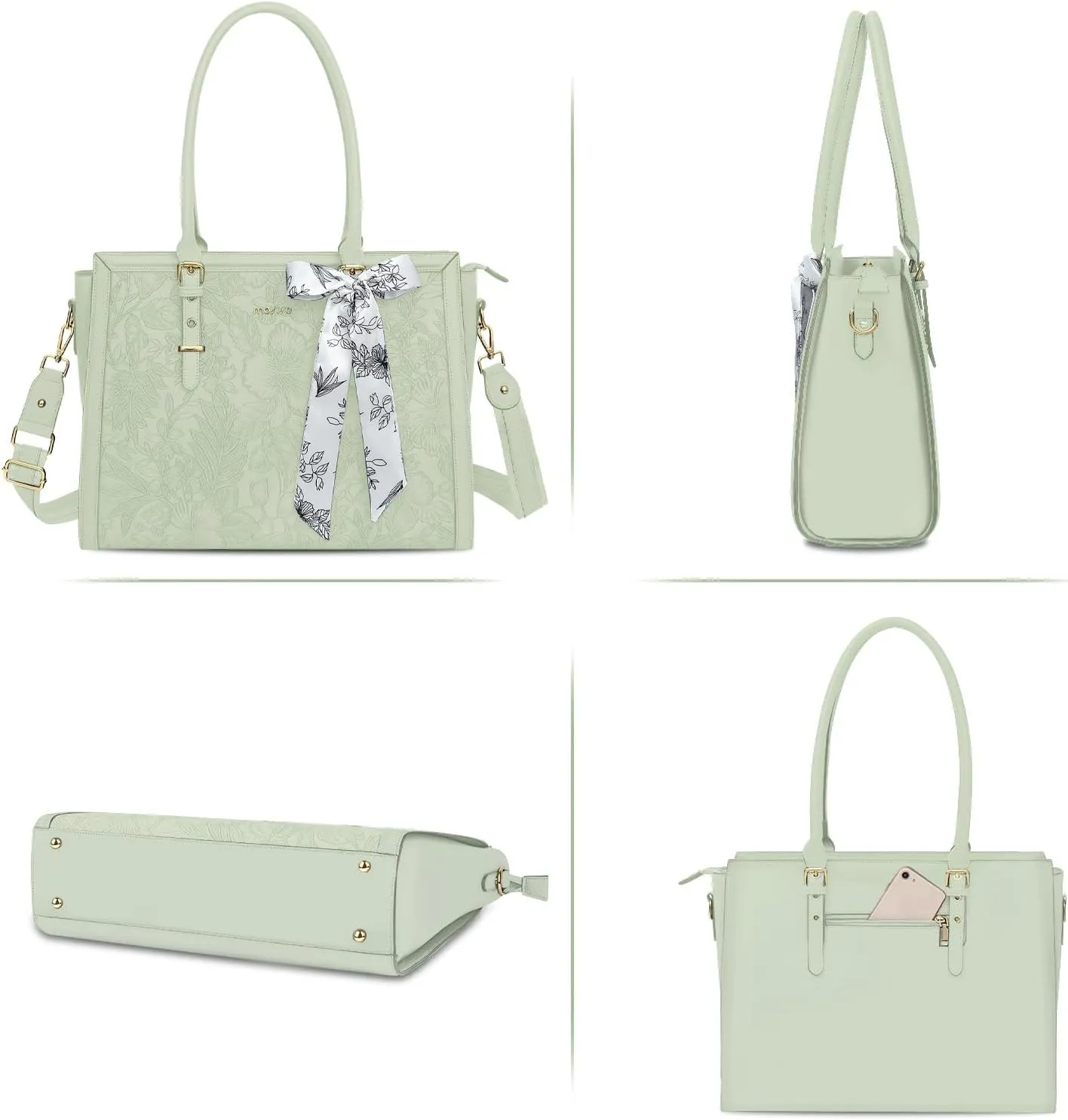 MOSISO Laptop Tote Bag for Women, 15.6-16 inch PU Leather Compatible with MacBook, HP, Dell, Asus Notebook, Front Embossed Retro Hibiscus Computer Bag with Silk Scarf & Clutch Purse, Sage Green