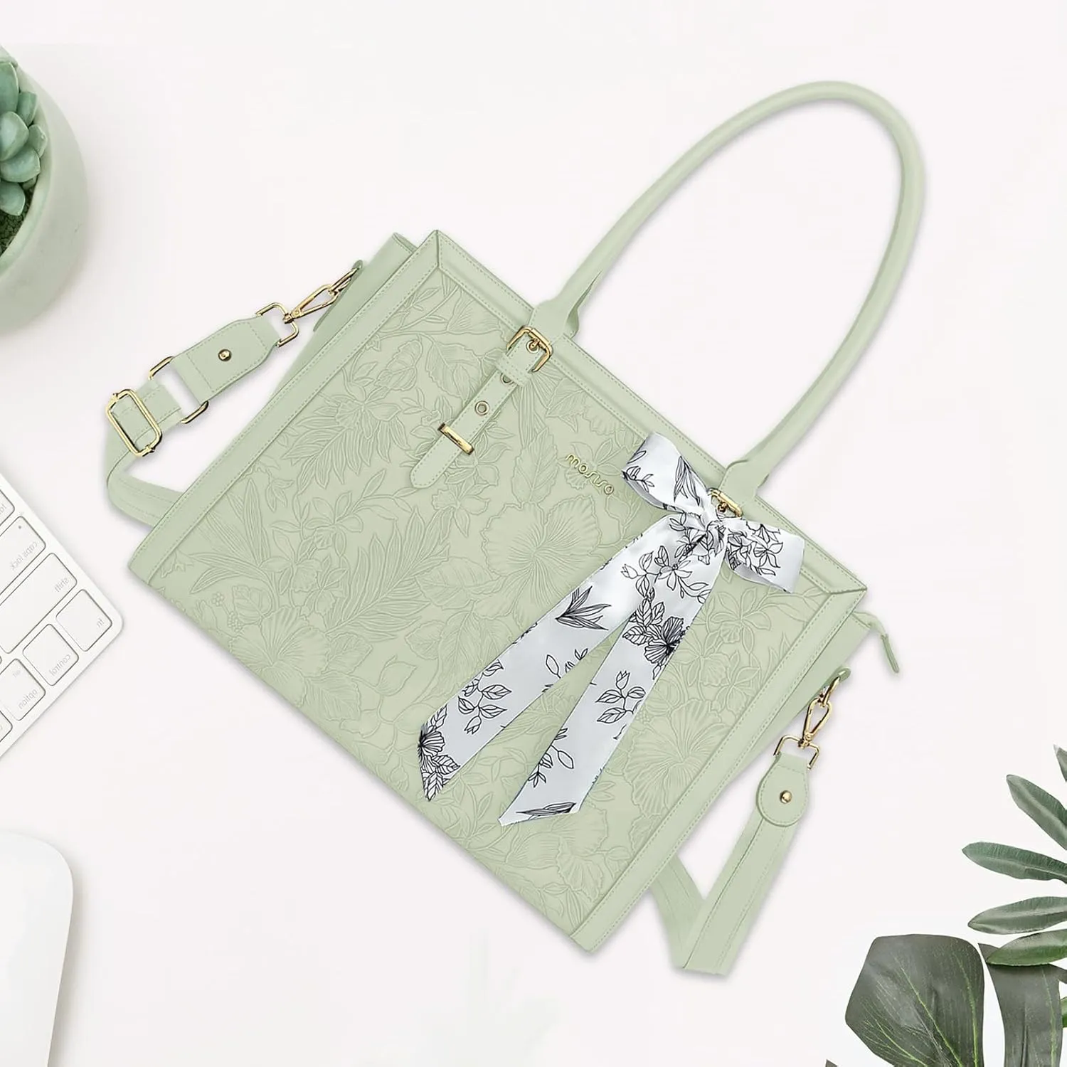 MOSISO Laptop Tote Bag for Women, 15.6-16 inch PU Leather Compatible with MacBook, HP, Dell, Asus Notebook, Front Embossed Retro Hibiscus Computer Bag with Silk Scarf & Clutch Purse, Sage Green