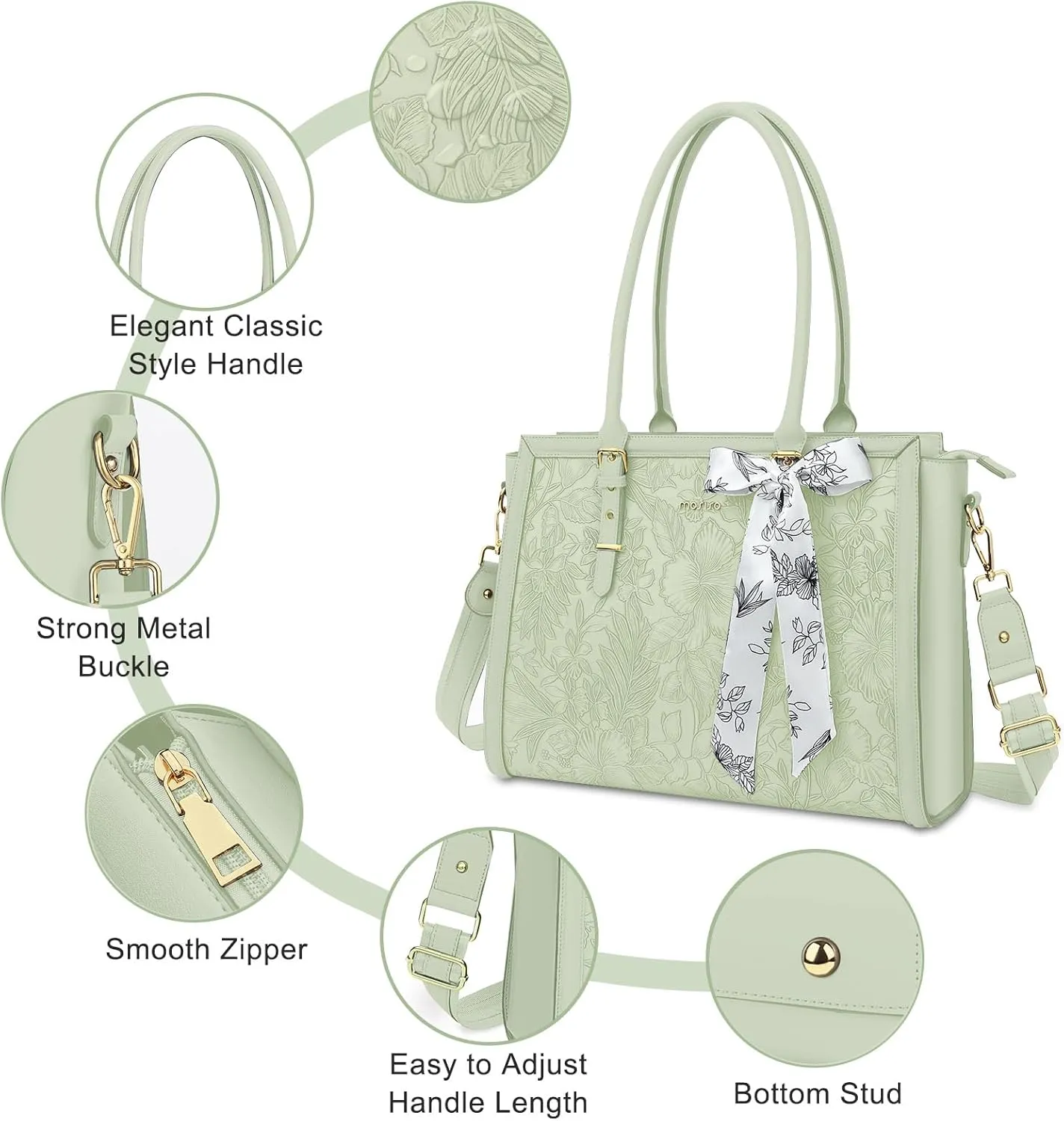 MOSISO Laptop Tote Bag for Women, 15.6-16 inch PU Leather Compatible with MacBook, HP, Dell, Asus Notebook, Front Embossed Retro Hibiscus Computer Bag with Silk Scarf & Clutch Purse, Sage Green