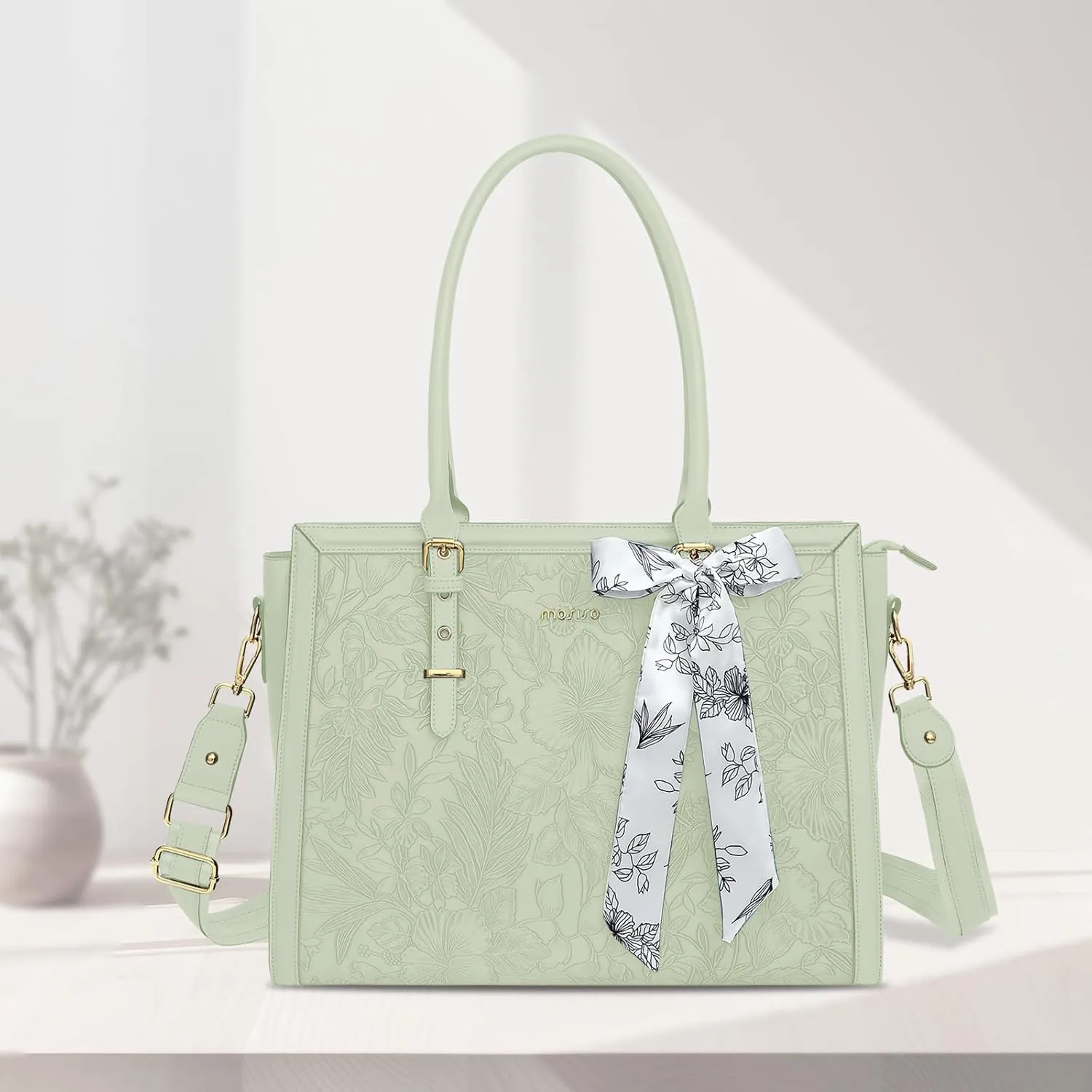MOSISO Laptop Tote Bag for Women, 15.6-16 inch PU Leather Compatible with MacBook, HP, Dell, Asus Notebook, Front Embossed Retro Hibiscus Computer Bag with Silk Scarf & Clutch Purse, Sage Green