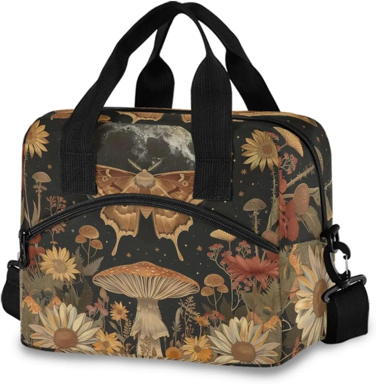 Moth Mushroom Flower Lunch Cooler Bag Crossbody or Handheld Design with 10L Capacity, Full Print Insulated Interior Great for Daily Meals & Outings