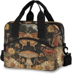 Moth Mushroom Flower Lunch Cooler Bag Crossbody or Handheld Design with 10L Capacity, Full Print Insulated Interior Great for Daily Meals & Outings