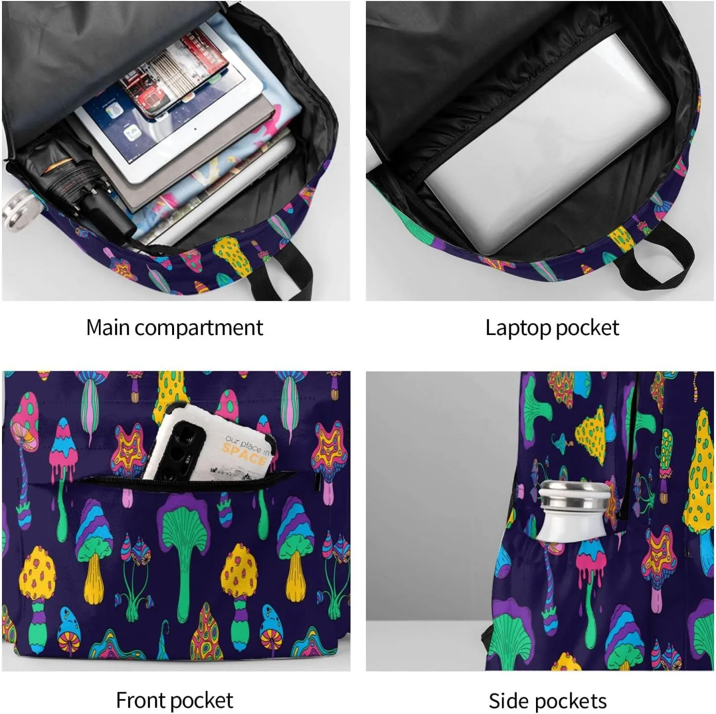 Mushroom Trip Colorful Amanita Laptop Backpack Shoulder Bag Laptop Pack Travel Backpacks Commuter Back Pack Casual Daypack Bags With Side Pockets