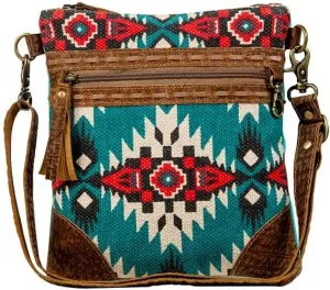 Myra Bag Crossbody Mini Purses - Tribe of the Sun Upcycled Woven Rug Design with Leather Accents, Zippered Pockets, Cellphone Crossbody Purse