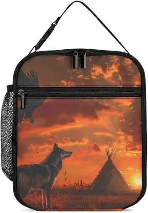 Native American Tribes Sunset Eagle Wolf Lunch Bag Insulated Lunch Box Portable Lunch Tote Bag Handbags Case for Office, Work, Picnic