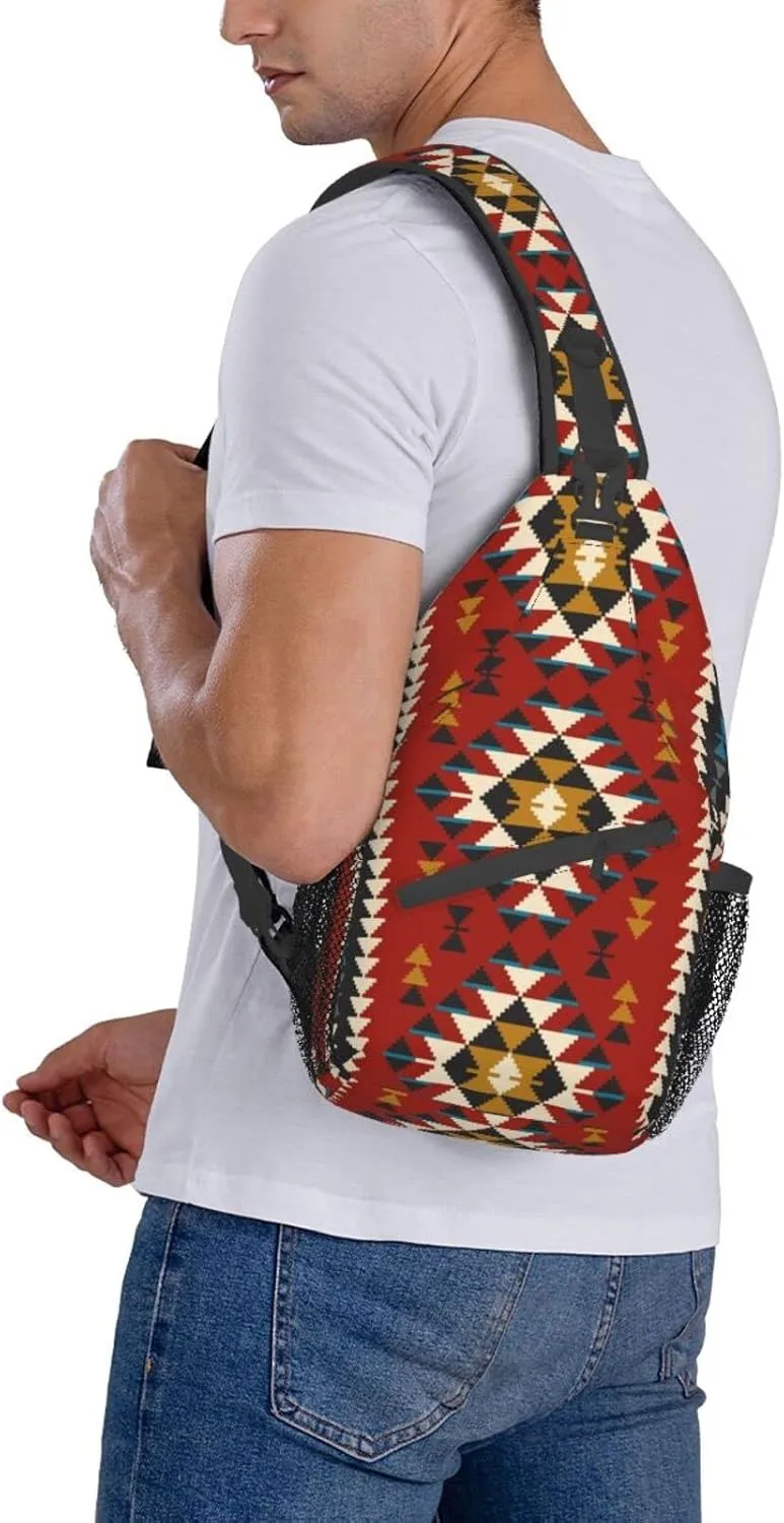 Native Southwest American Indian Aztec Navajo Sling Bag Crossbody Backpack,Tribal Seamless Colorful Geometric Pattern Ethnic Chest Bag Adjustable Shoulder Backpack Travel Hiking Daypack