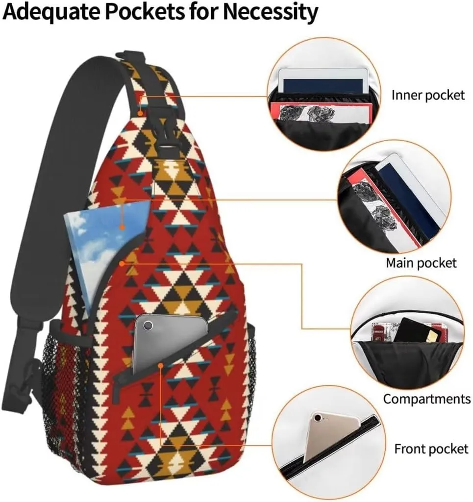 Native Southwest American Indian Aztec Navajo Sling Bag Crossbody Backpack,Tribal Seamless Colorful Geometric Pattern Ethnic Chest Bag Adjustable Shoulder Backpack Travel Hiking Daypack