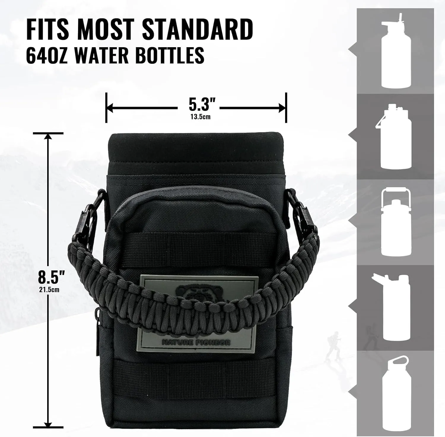 NATURE PIONEOR 32 64 128oz Tactical Water Bottle Pouch, Multi-Function Tactical Water Bottle Bag with Adjustable Shoulder Strap, Half/One Gallon Molle Strap Carrier Holder