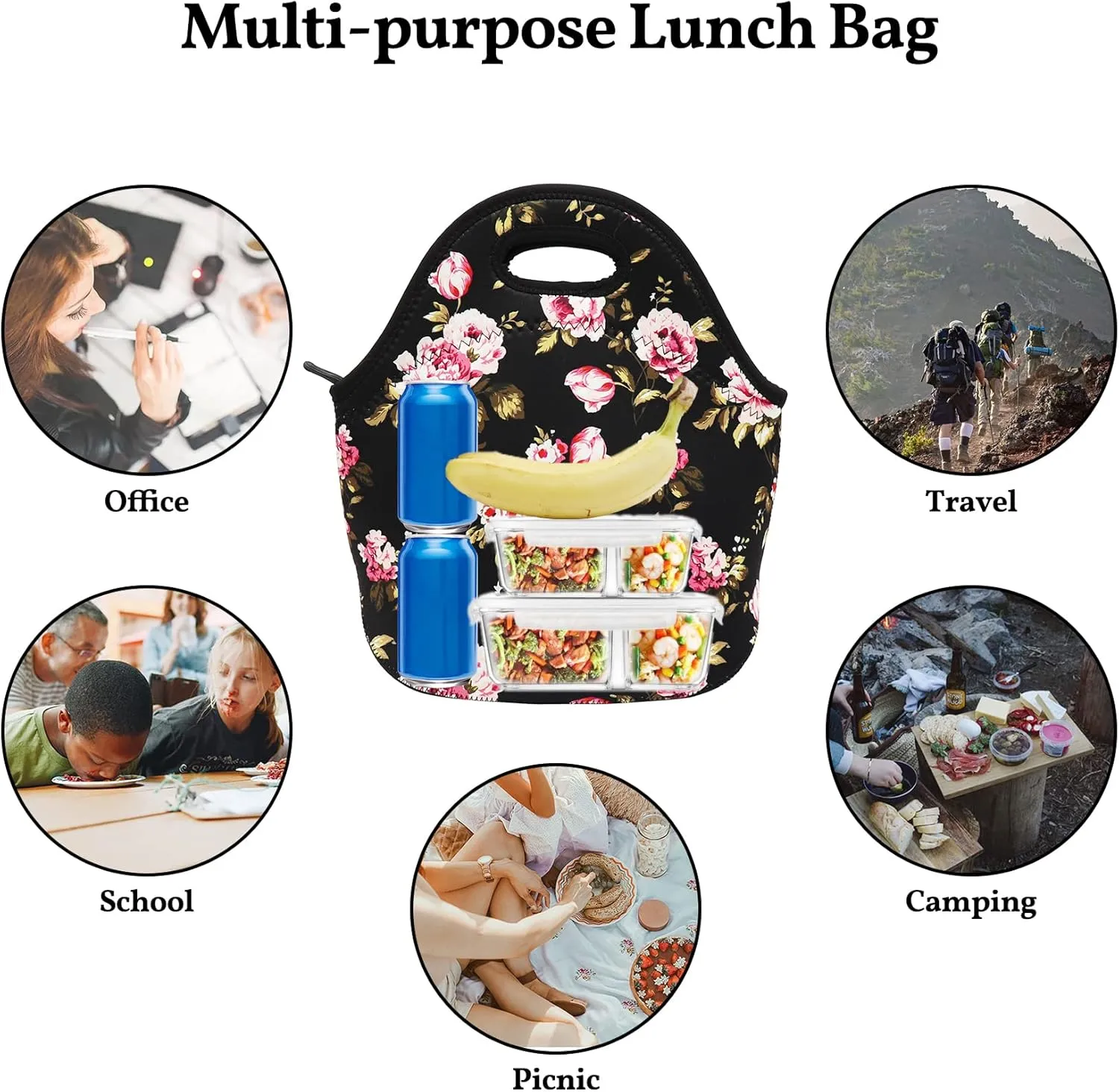 Neoprene Lunch Bag for Kids, Insulated Lunch Box Tote for Women Men Adult Teens Boys Teenage Girls Toddlers, Black