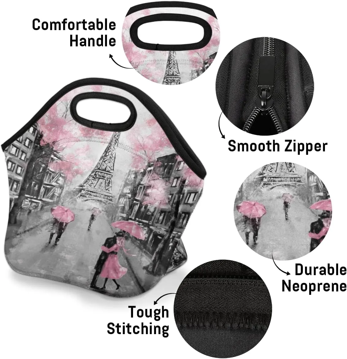 Neoprene Lunch Bags Oil painting Paris France Small Insulated Lunch Box for Boy Girls Soft Lightweight Lunch Tote Handbag for Women Men School Work Office Mini Cooler Thermal Meal Prep Bags
