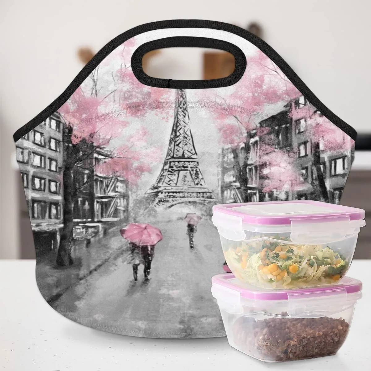 Neoprene Lunch Bags Oil painting Paris France Small Insulated Lunch Box for Boy Girls Soft Lightweight Lunch Tote Handbag for Women Men School Work Office Mini Cooler Thermal Meal Prep Bags