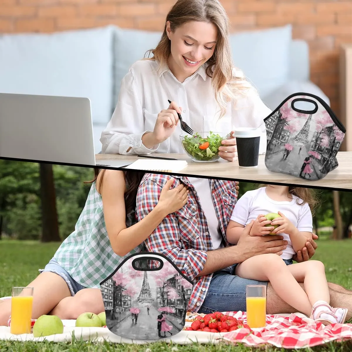 Neoprene Lunch Bags Oil painting Paris France Small Insulated Lunch Box for Boy Girls Soft Lightweight Lunch Tote Handbag for Women Men School Work Office Mini Cooler Thermal Meal Prep Bags