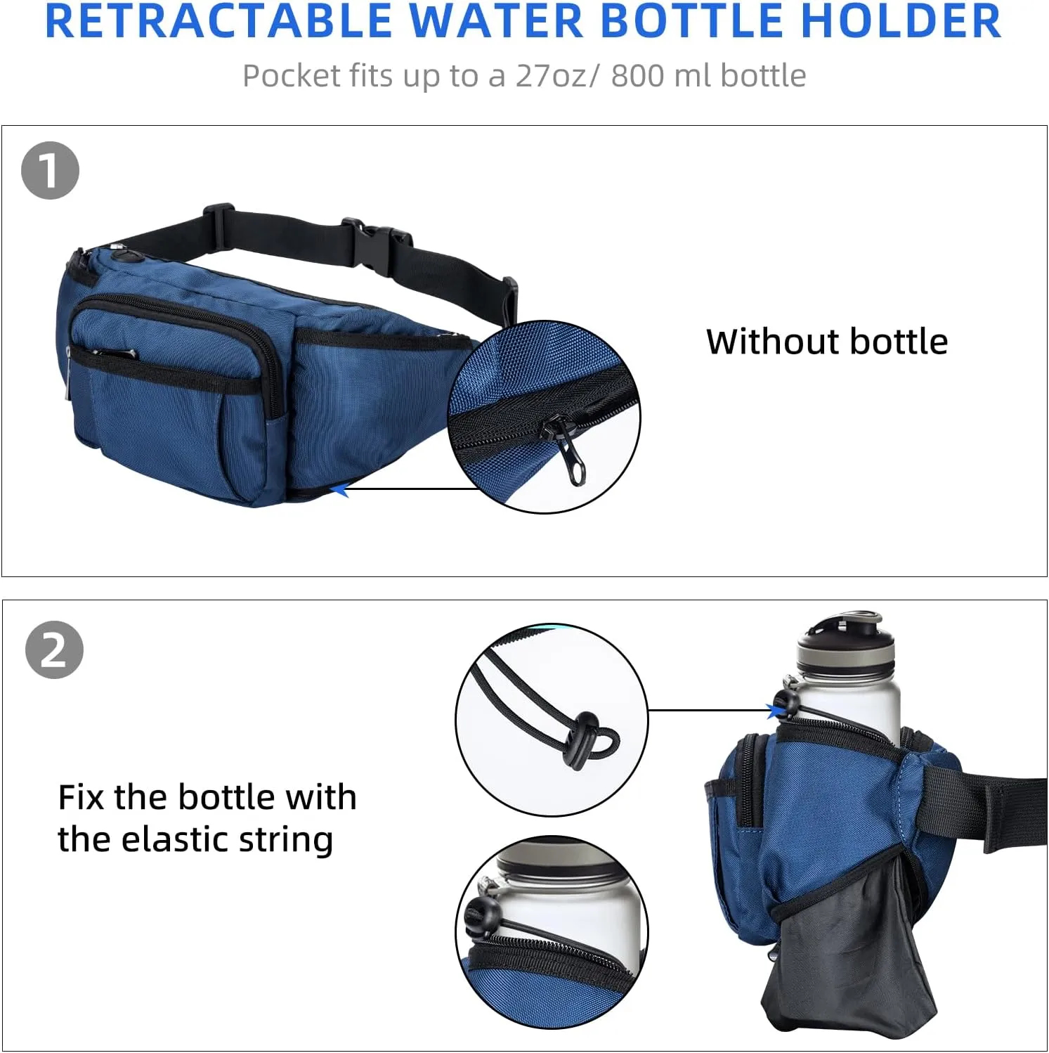 NOOLA Fanny Pack Waist Bag for Men Women, Lightweight Waist Pack with Water Bottle Holder, Adjustable Belt Bag with Multi-Pockets for Hiking, Dog Walking, Outdoor, Cycling, Running, Travel, Blue