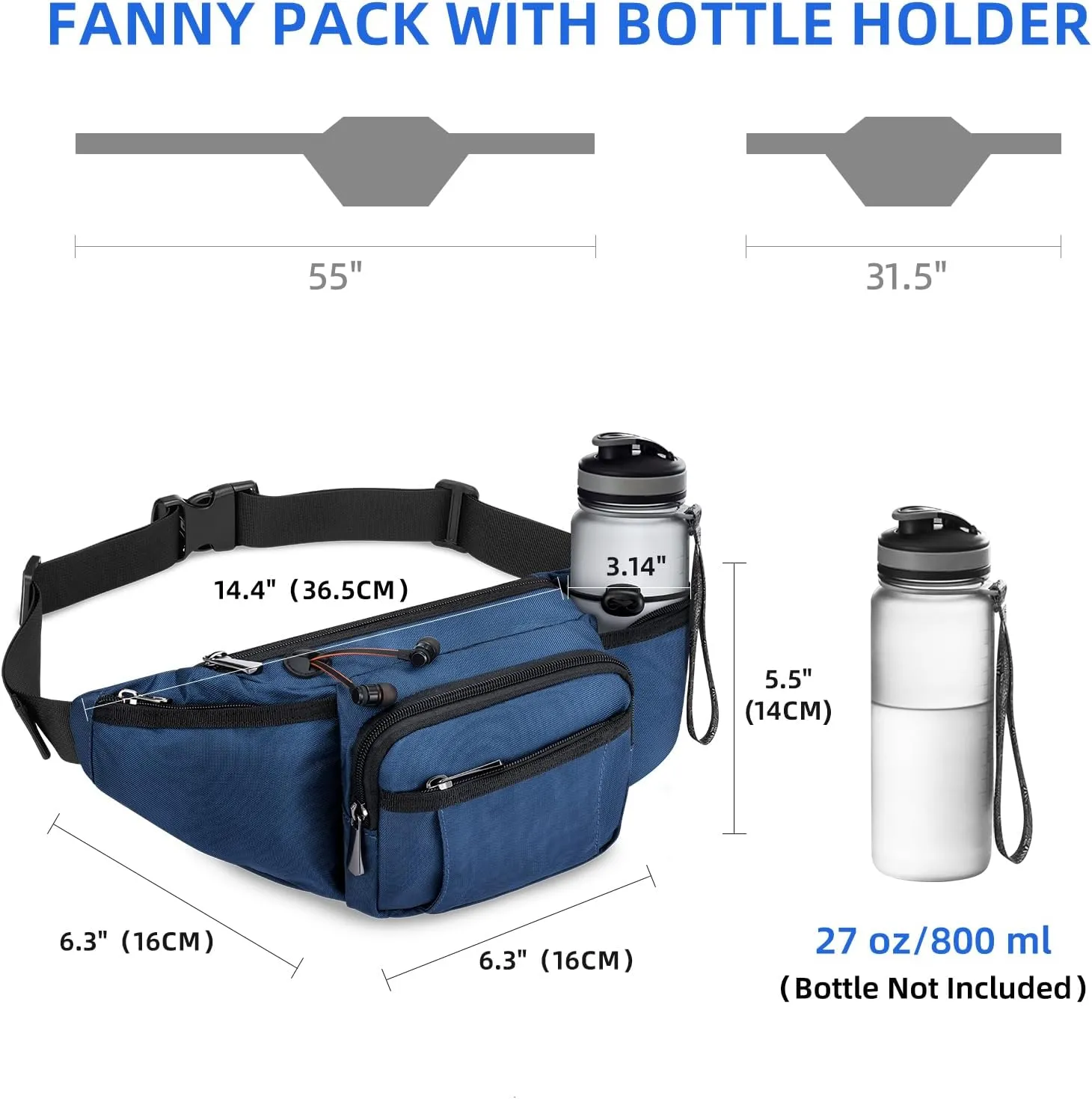 NOOLA Fanny Pack Waist Bag for Men Women, Lightweight Waist Pack with Water Bottle Holder, Adjustable Belt Bag with Multi-Pockets for Hiking, Dog Walking, Outdoor, Cycling, Running, Travel, Blue