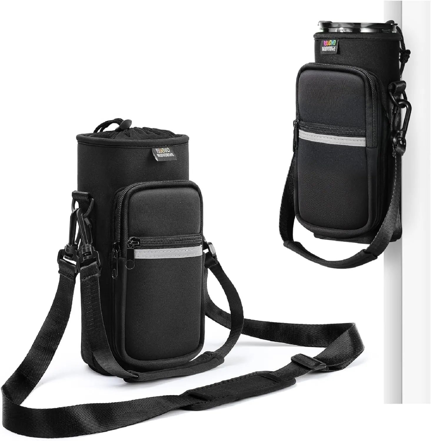 Nuovoware Magnetic Water Bottle Carrier Bag, 25oz/32oz Bottle Pouch Holder, Adjustable Shoulder Strap 2 Pocket Sling Neoprene Sleeve Sports Water Bottle Accessories for Gym Hiking Travelling Camping