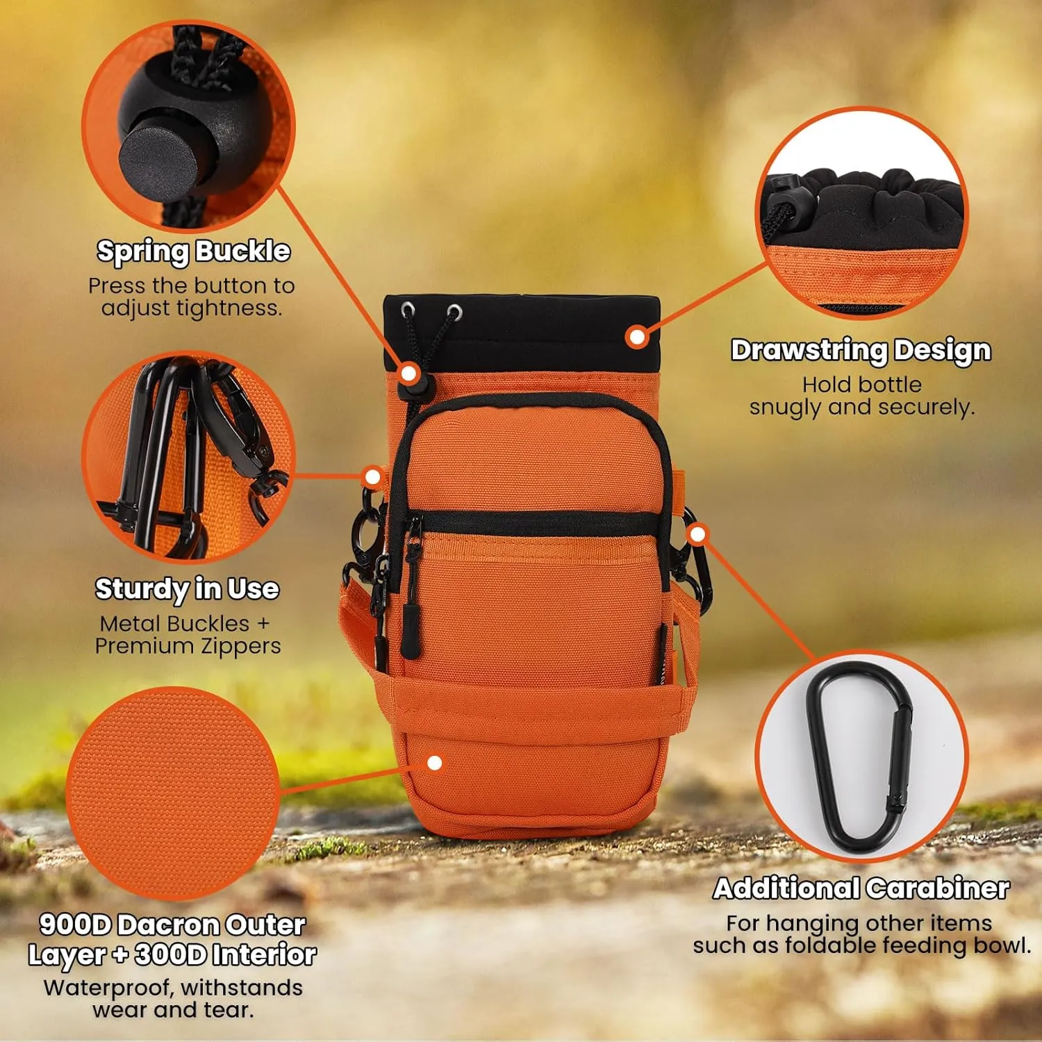 Nuovoware Water Bottle Carrier, 40oz Bottle Carrier Sports Insulated Water Bottle Holder with Adjustable Shoulder Strap, 2 Pockets Flask Sling Bag Drawstring Pouch for Climbing Hiking Walking