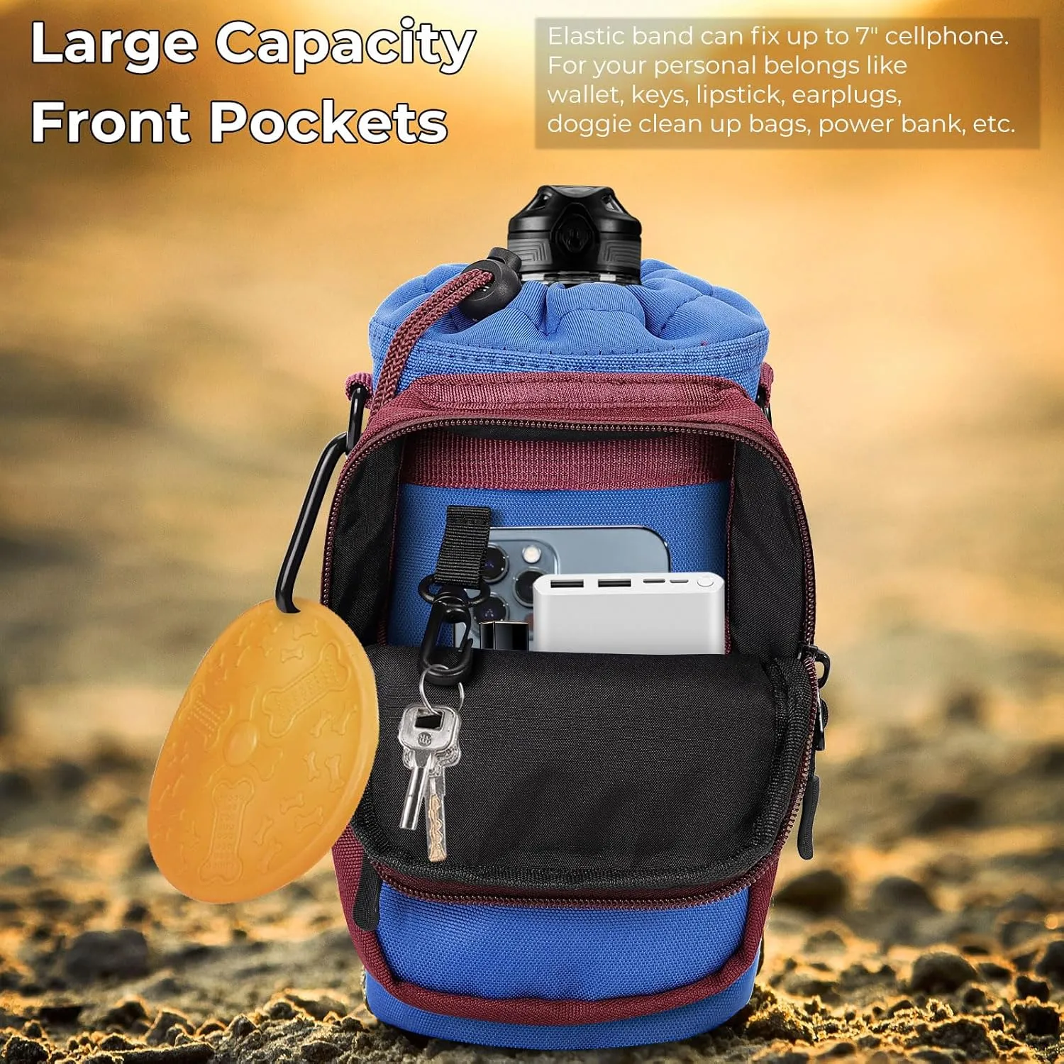 Nuovoware Water Bottle Carrier, 40oz Bottle Carrier Sports Insulated Water Bottle Holder with Adjustable Shoulder Strap, 2 Pockets Flask Sling Bag Drawstring Pouch for Climbing Hiking Walking