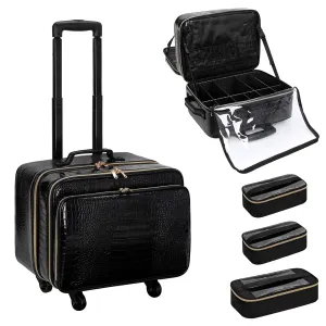 OCHEAL Rolling Makeup Train Case, 18"Carry On Travel Cosmetic Organizer Suitcase,Extra Large Storage Trolley Makeup Case On Wheels,3 Layers with 3pcs Traveling Bags, for Hairstylist Cosmetology Artist