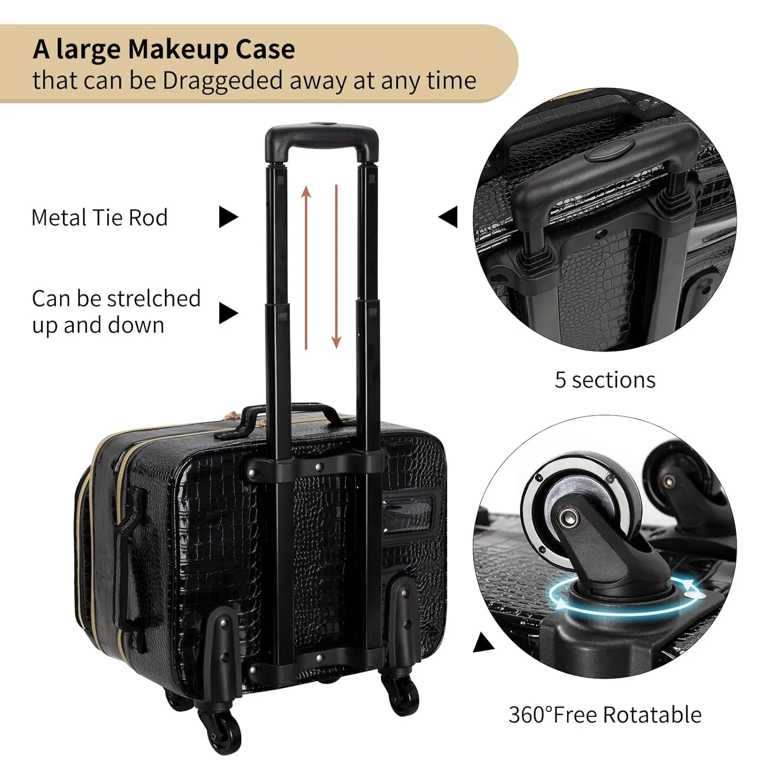 OCHEAL Rolling Makeup Train Case, 18"Carry On Travel Cosmetic Organizer Suitcase,Extra Large Storage Trolley Makeup Case On Wheels,3 Layers with 3pcs Traveling Bags, for Hairstylist Cosmetology Artist